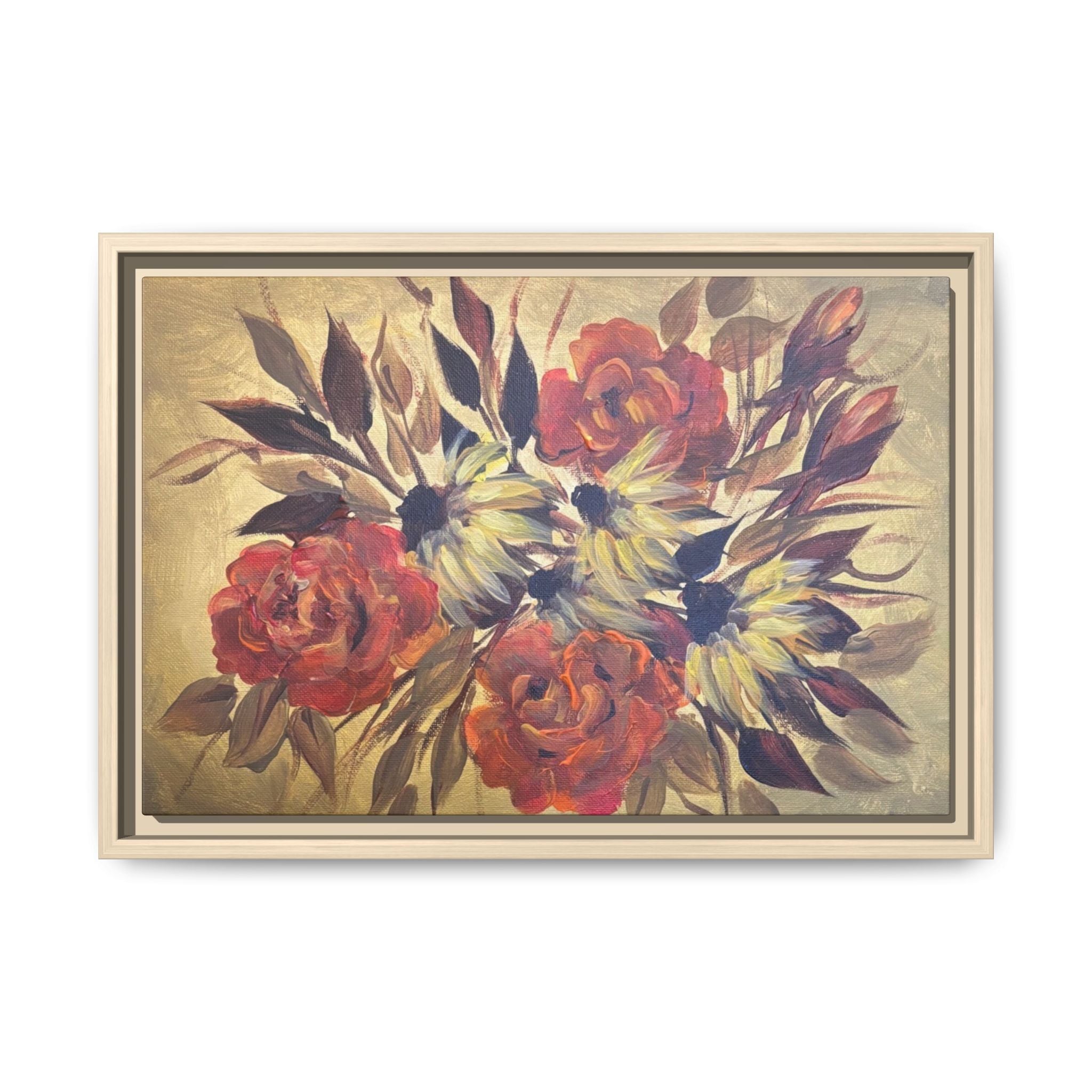 Framed Floral Canvas Wall Art — Vintage Rose Bouquet Matte Print