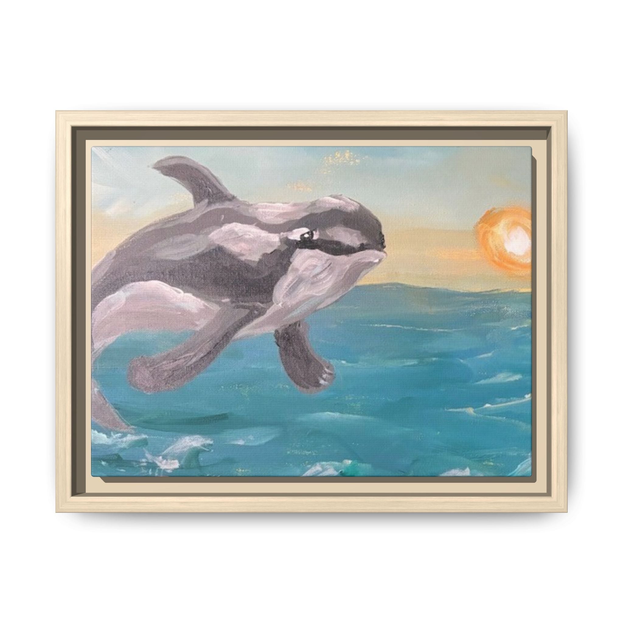 Whimsical Dolphin Seascape, framed canvas