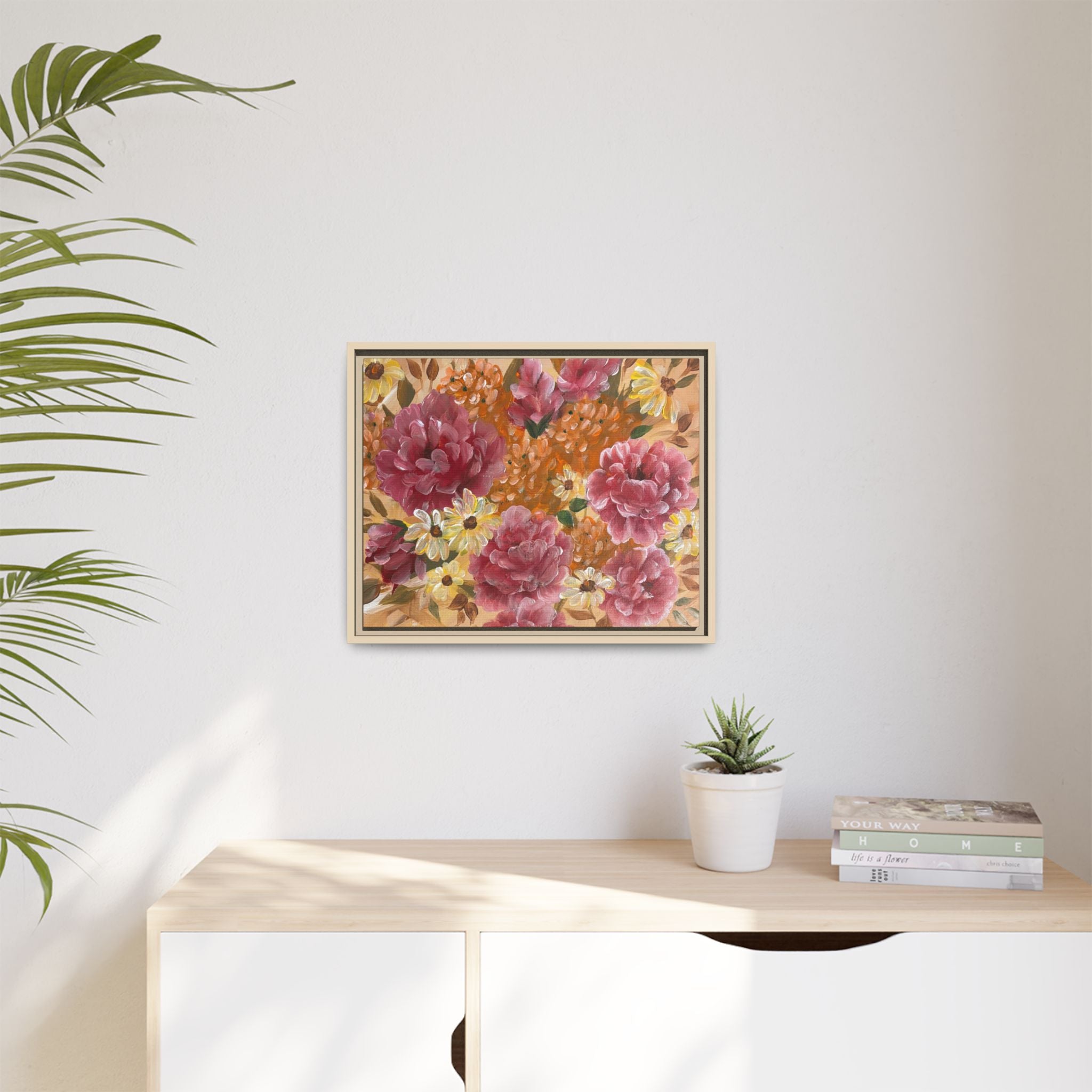 Warm Floral Framed Floral Canvas Print — Pink Peony & Daisies Wall Art