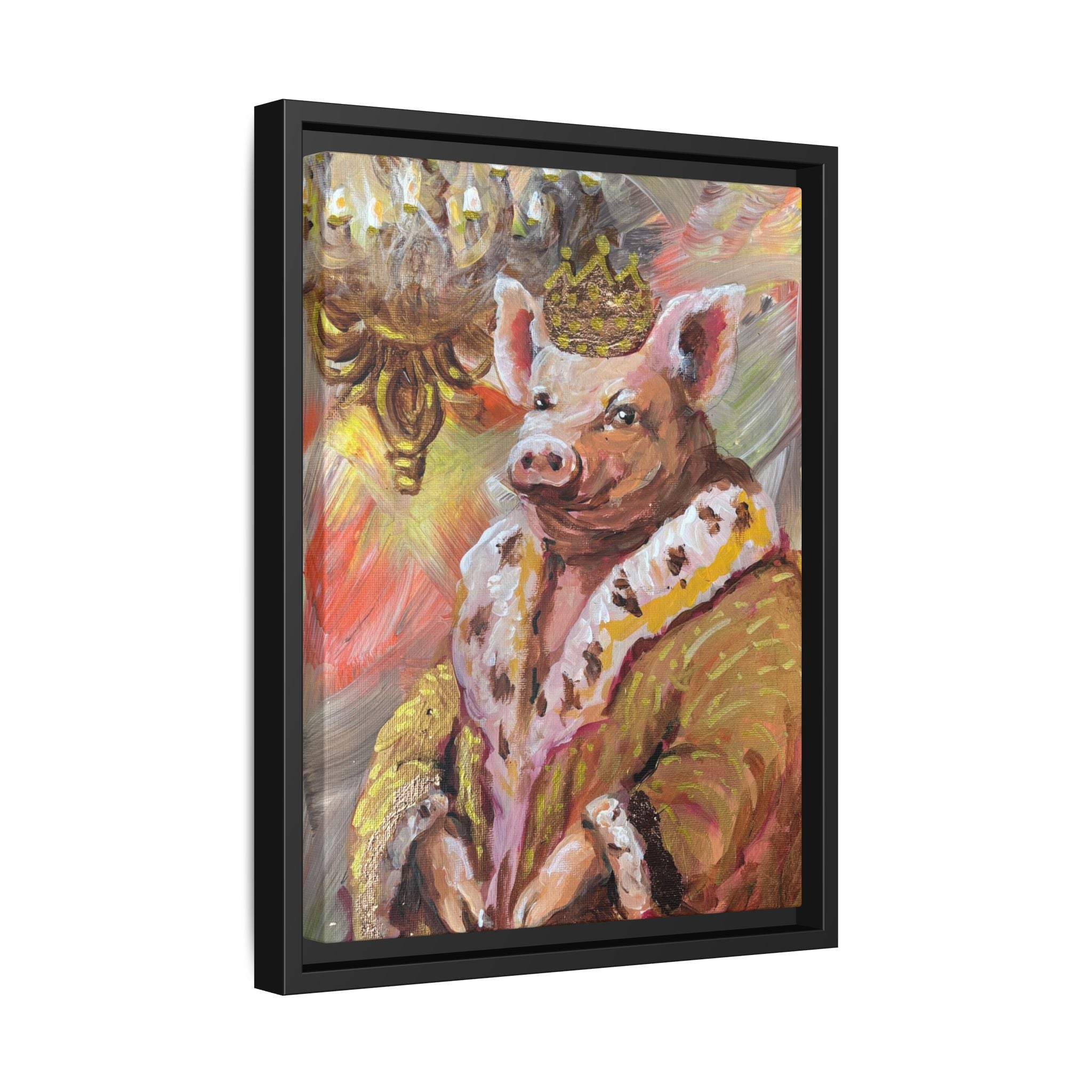 Regal Pig King Framed Canvas Art — Whimsical Farmhouse Wall Decor