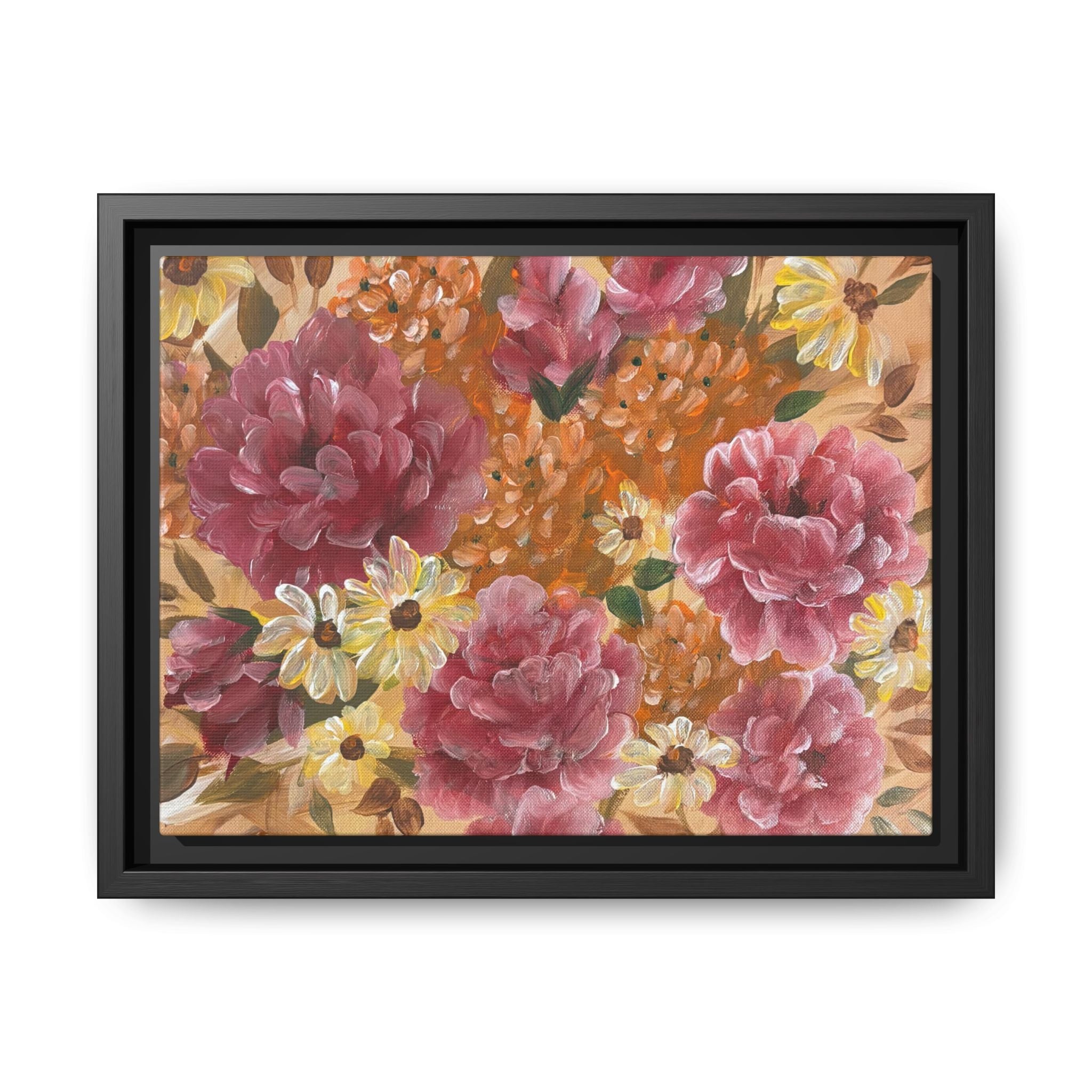 Warm Floral Framed Floral Canvas Print — Pink Peony & Daisies Wall Art