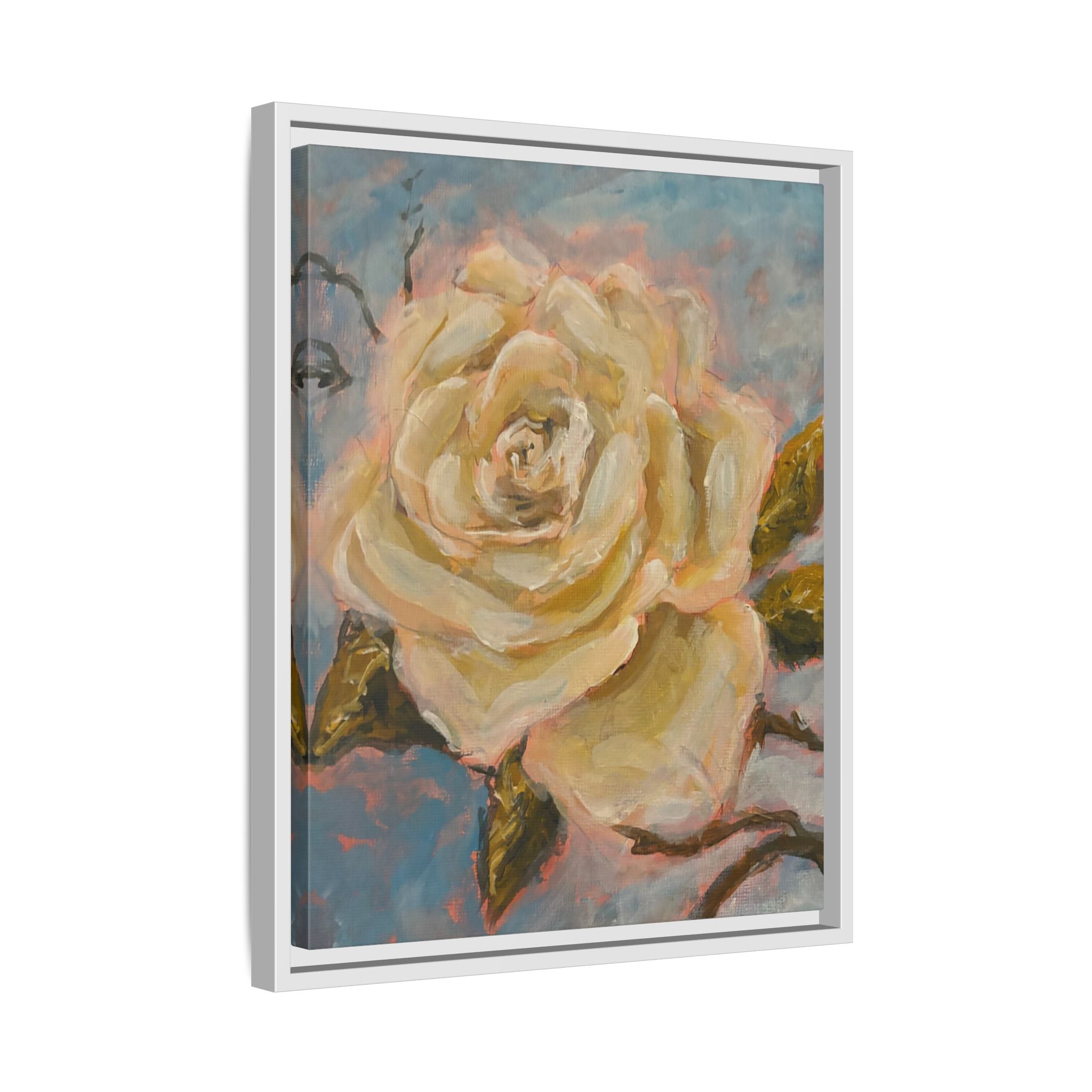 Warm White Rose Framed Matte Canvas - Vintage Rose Floral Wall Art