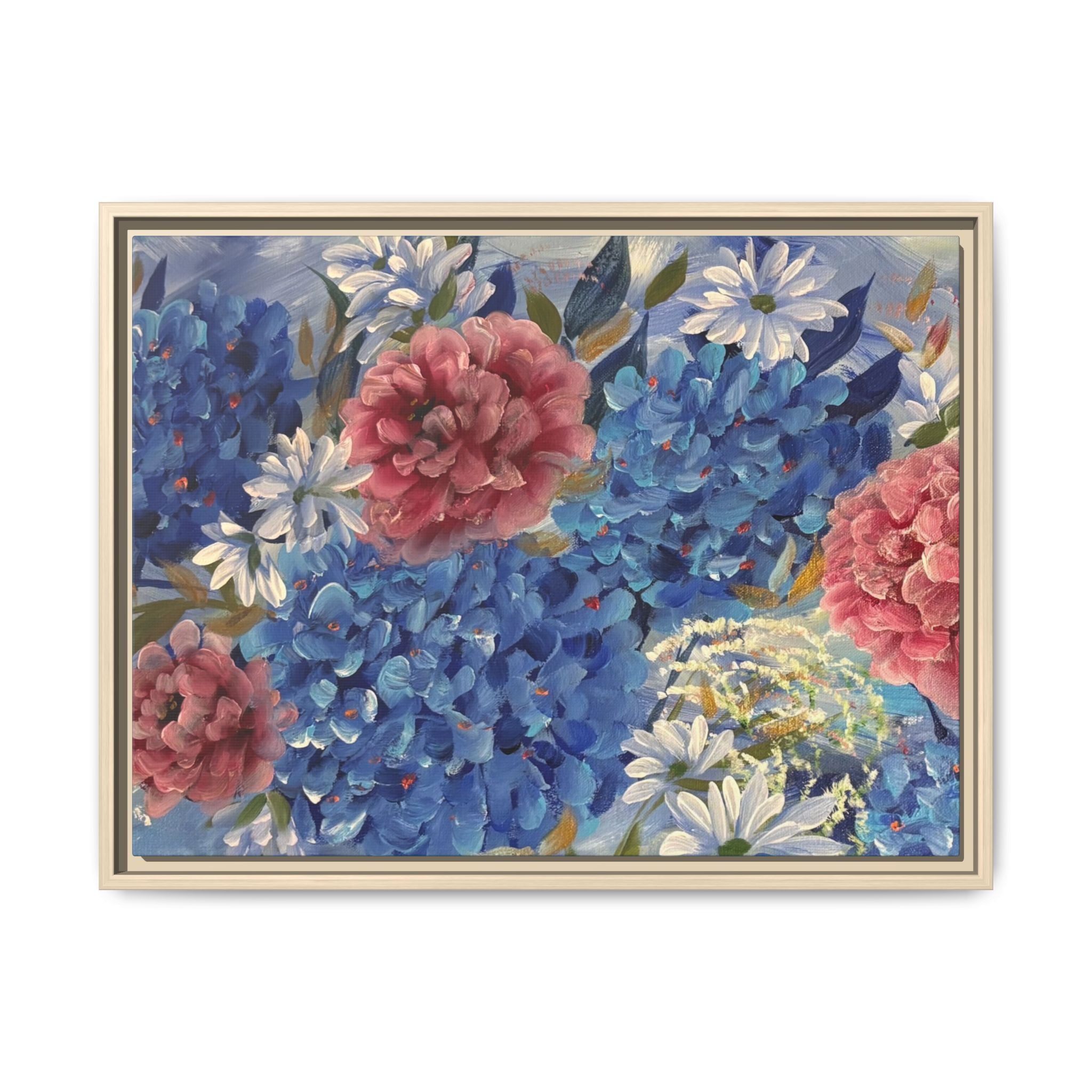 Cool Blue Framed Floral Canvas Print — Blue Hydrangea & Pink Peony Wall Art