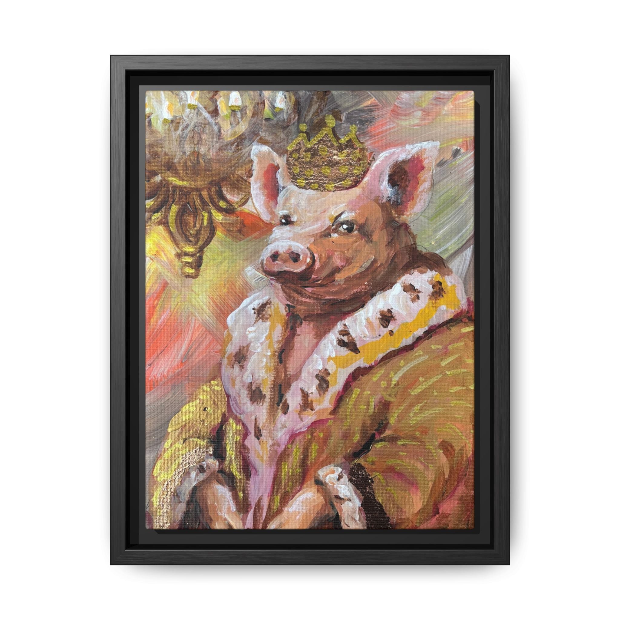 Regal Pig King Framed Canvas Art — Whimsical Farmhouse Wall Decor