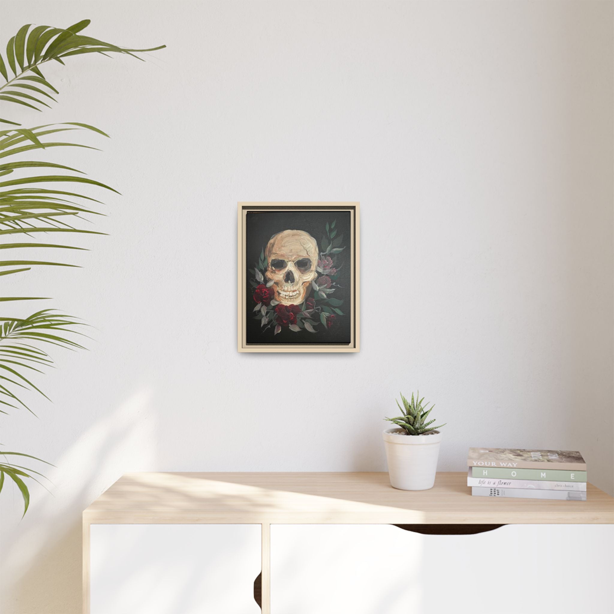 Framed Matte Canvas Skull & Roses Wall Art — Dark Gothic Home Decor