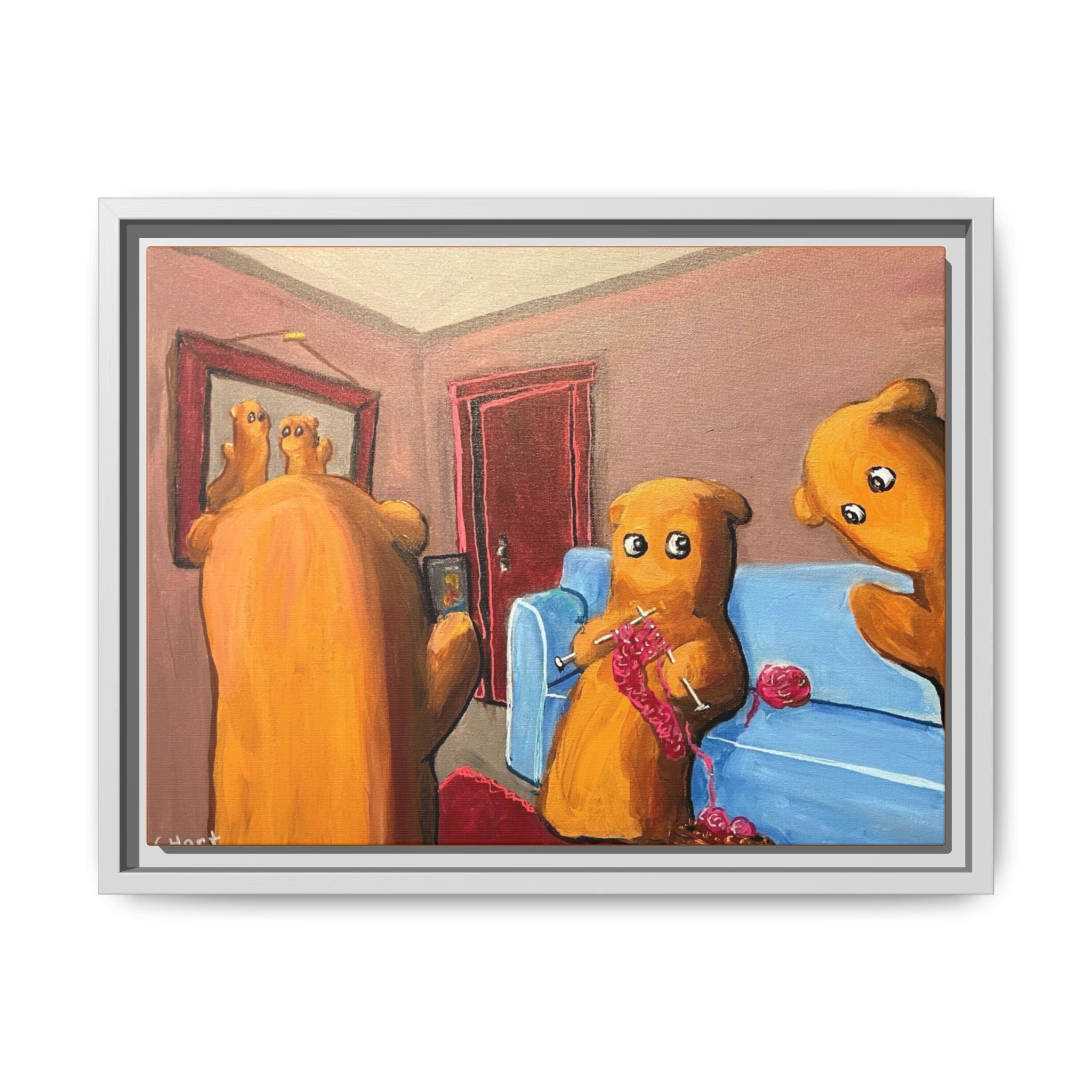 Whimsical Bear Family Framed Canvas Art — Matte Multi-Color Wall Decor