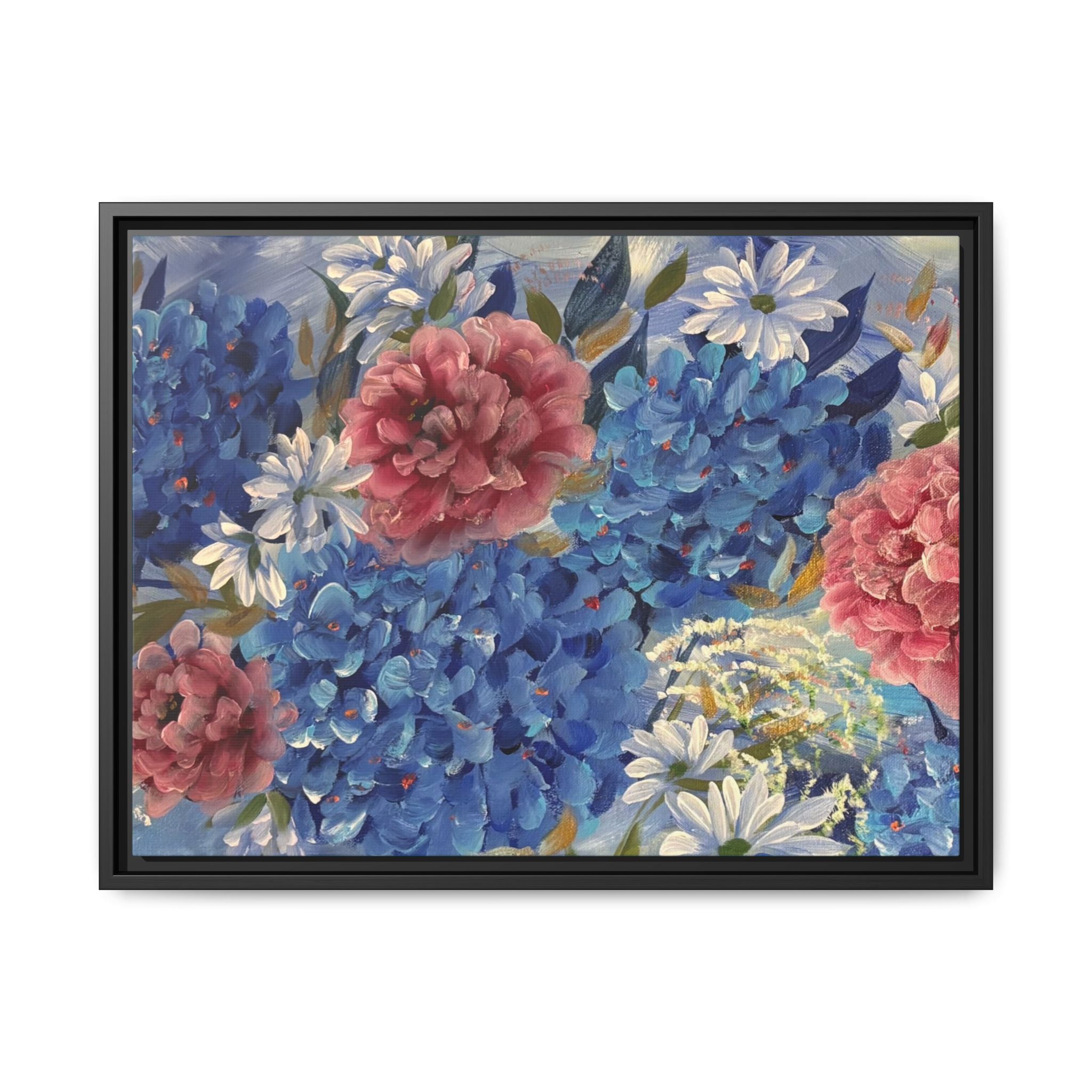 Cool Blue Framed Floral Canvas Print — Blue Hydrangea & Pink Peony Wall Art