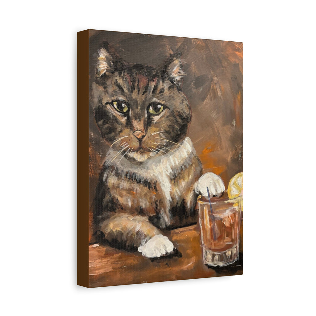 Whiskey Cat Canvas Print — Vintage Tabby Painting on Stretched Matte Canvas