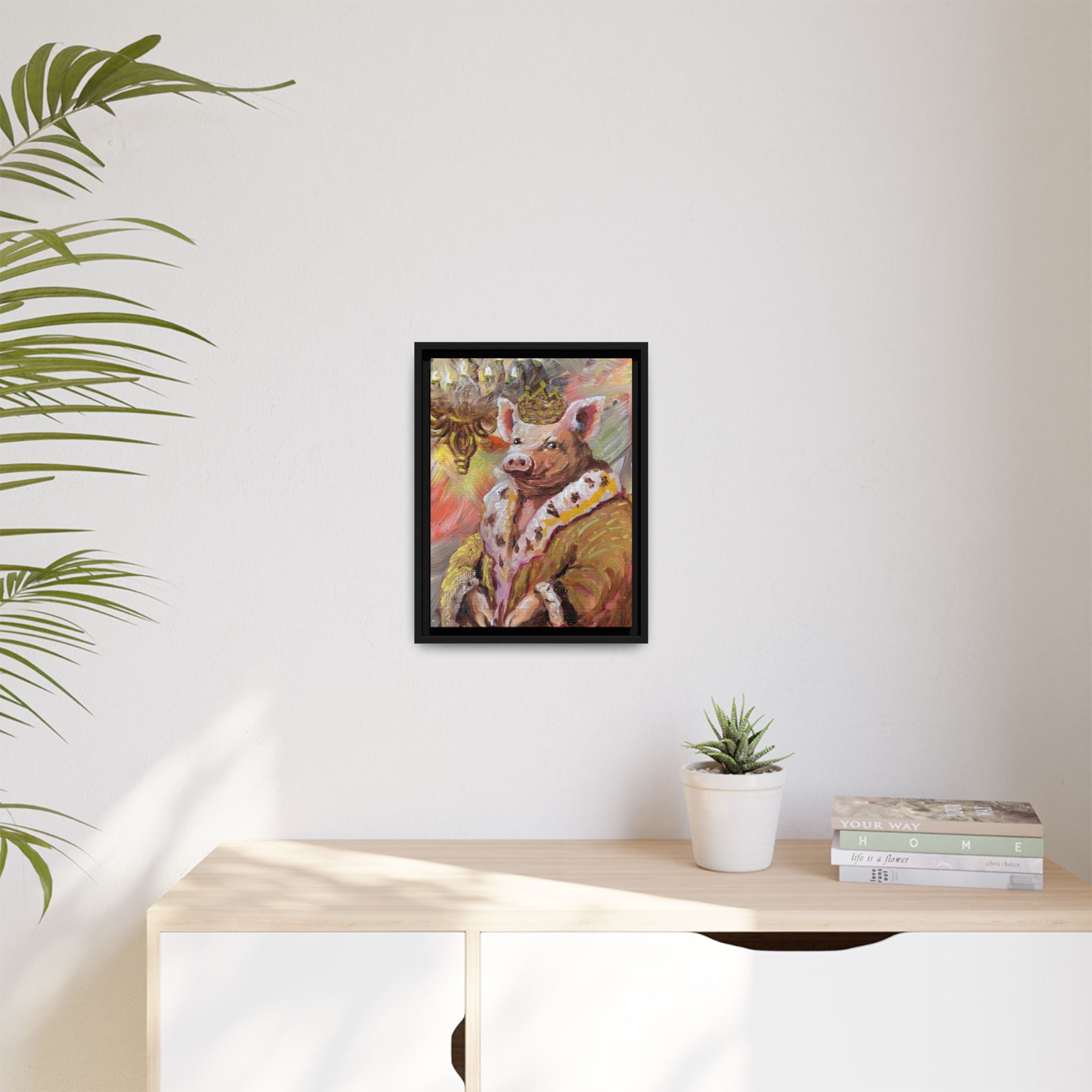 Regal Pig King Framed Canvas Art — Whimsical Farmhouse Wall Decor