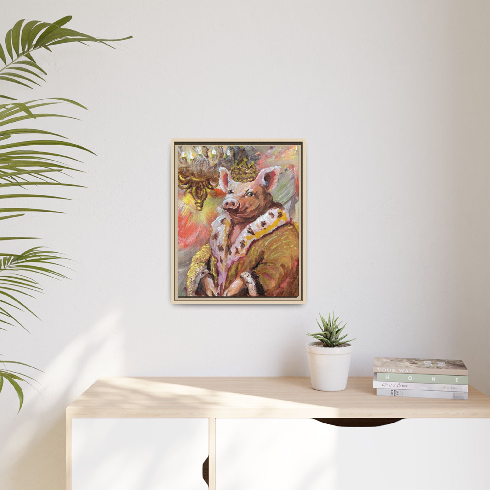 Regal Pig King Framed Canvas Art — Whimsical Farmhouse Wall Decor