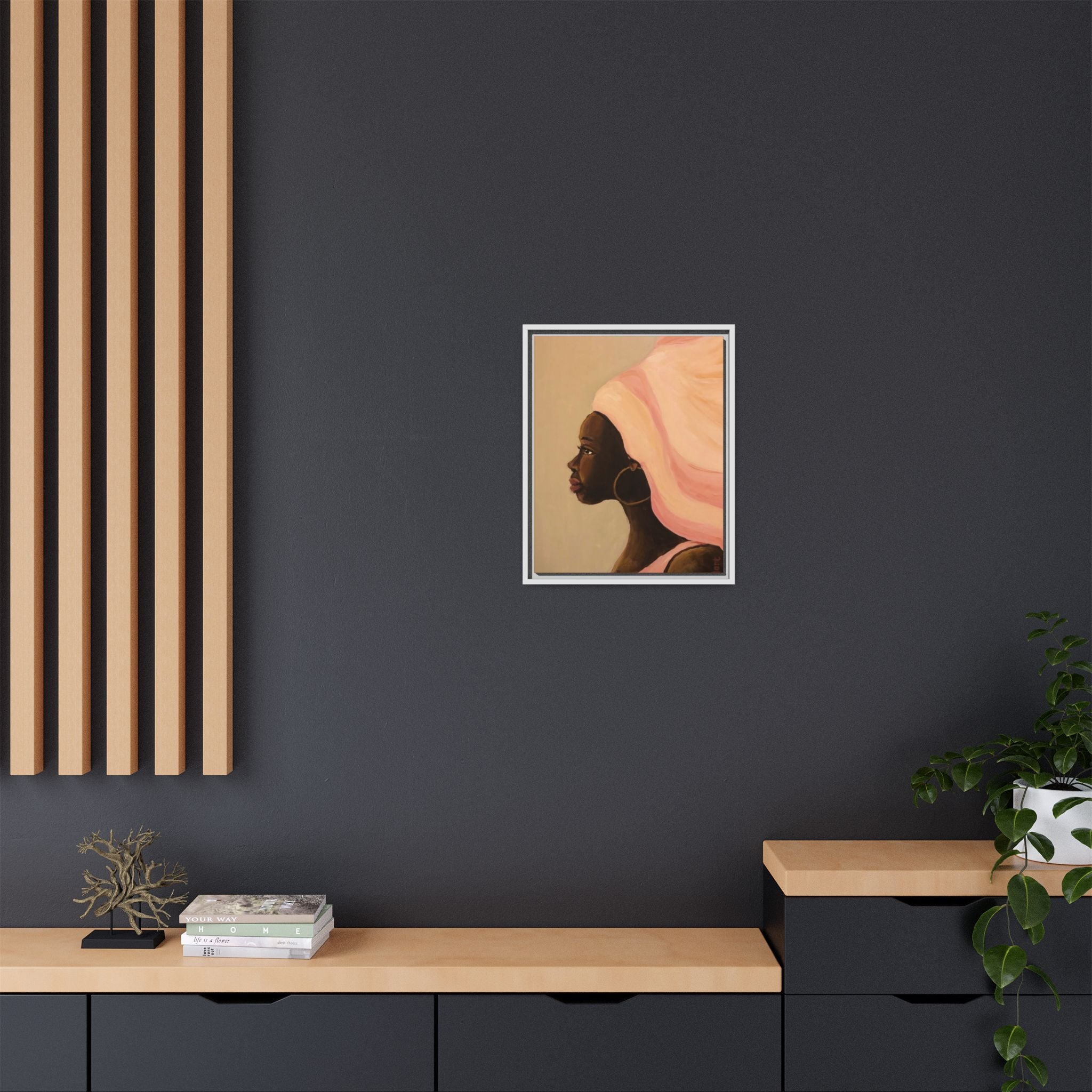 Framed Matte Canvas Art – Elegant African Woman Portrait (Pink Headwrap)