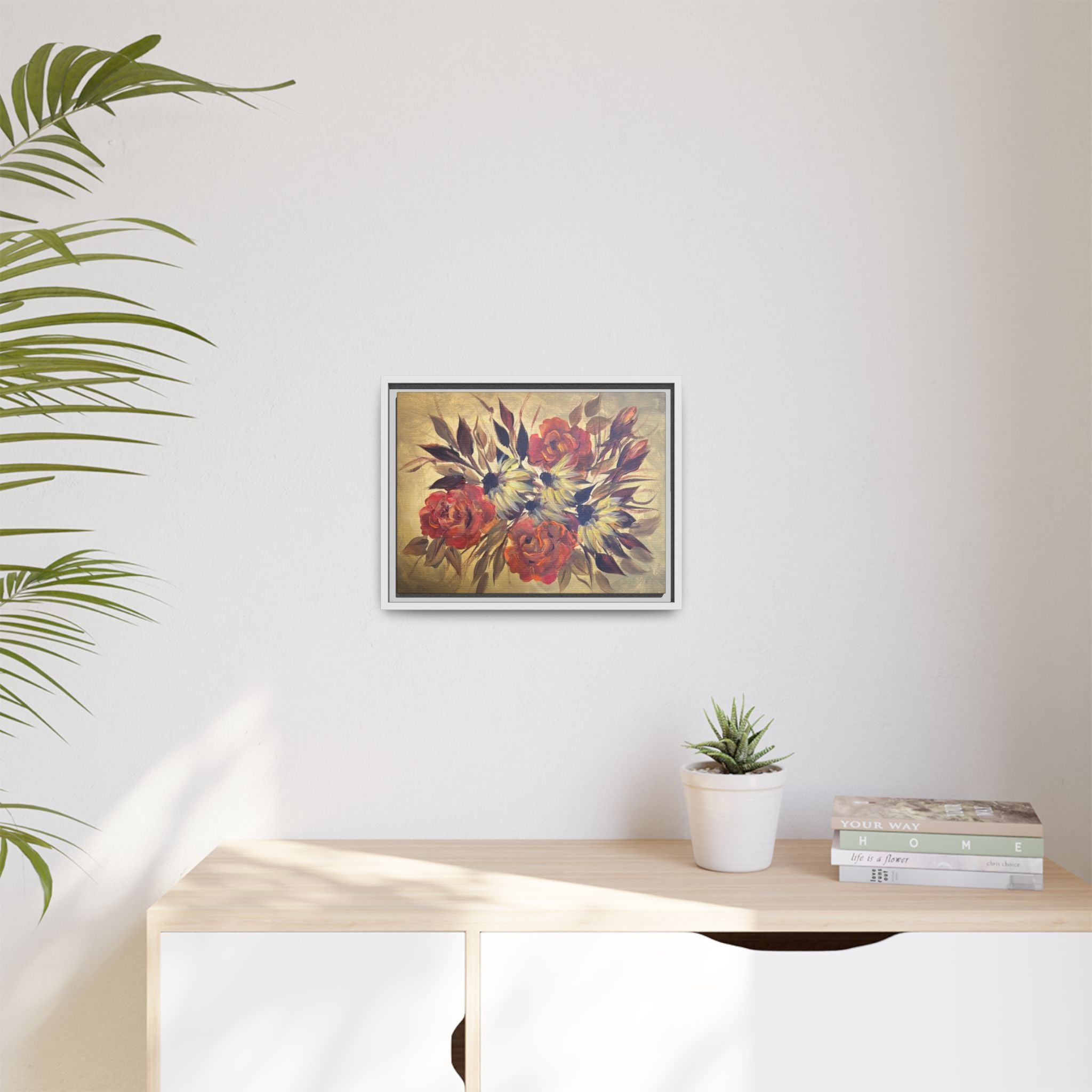 Framed Floral Canvas Wall Art — Vintage Rose Bouquet Matte Print