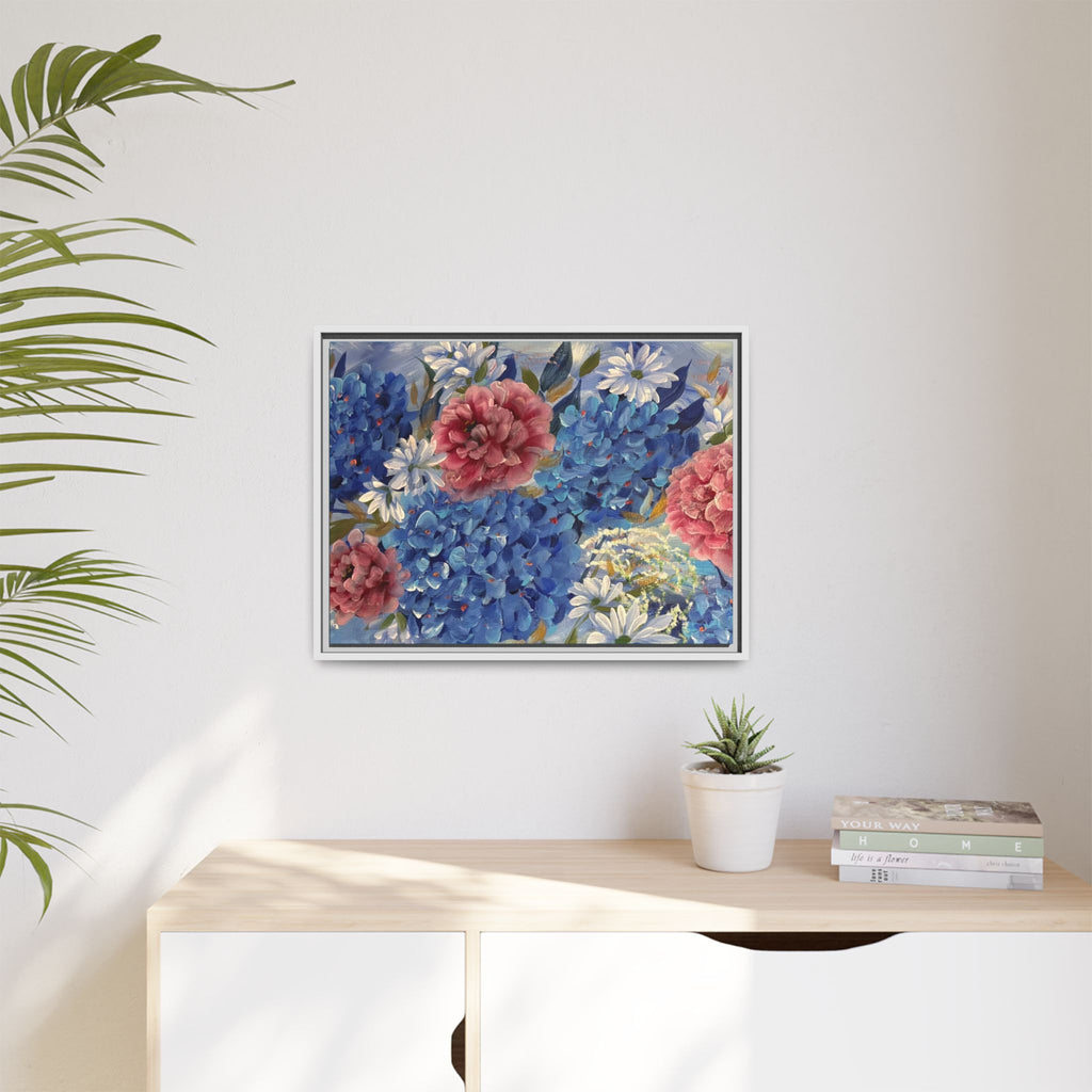 Cool Blue Framed Floral Canvas Print — Blue Hydrangea & Pink Peony Wall Art