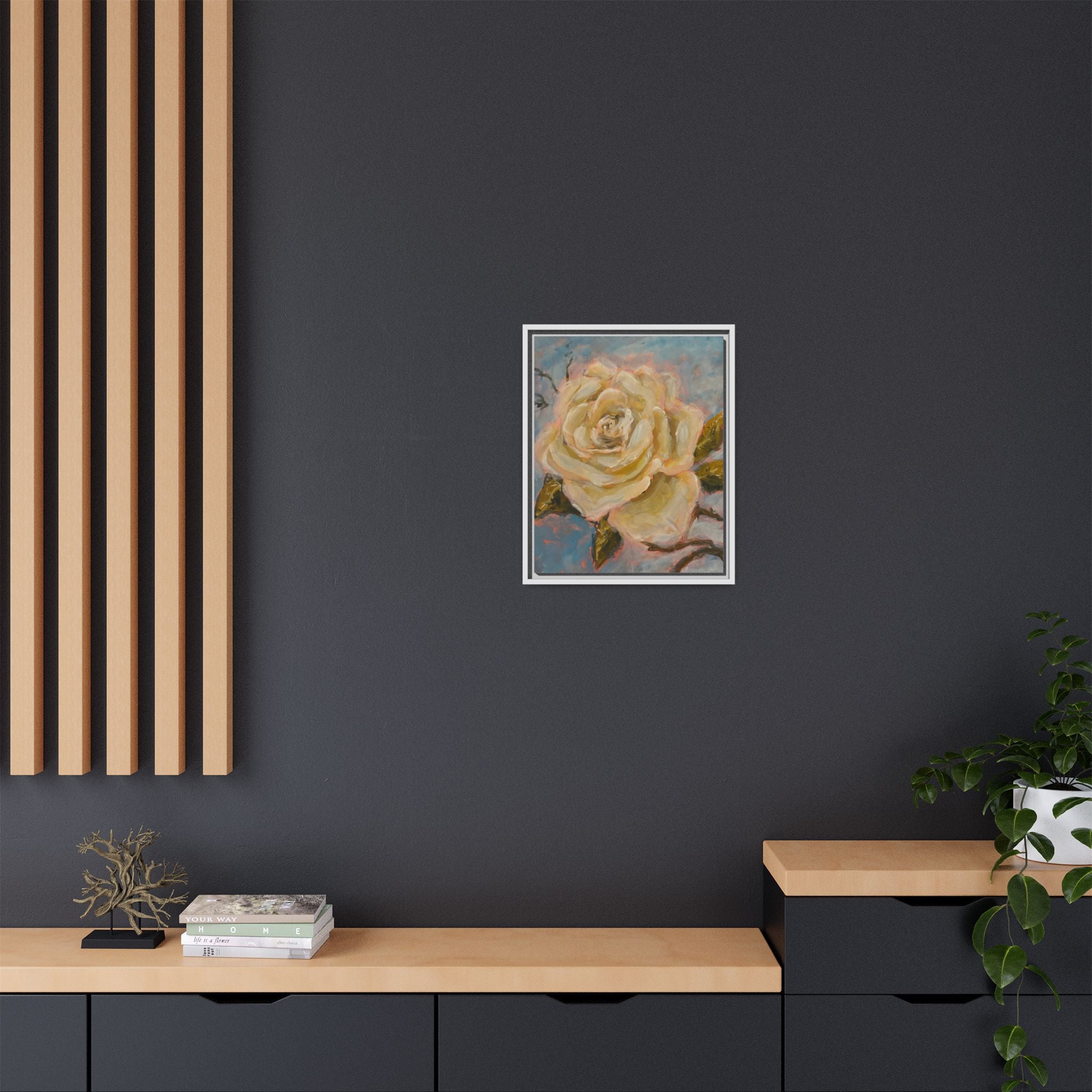 Warm White Rose Framed Matte Canvas - Vintage Rose Floral Wall Art