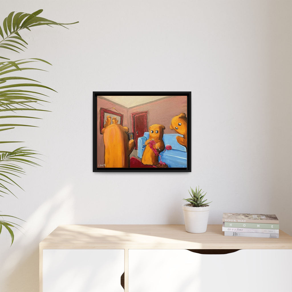 Whimsical Bear Family Framed Canvas Art — Matte Multi-Color Wall Decor