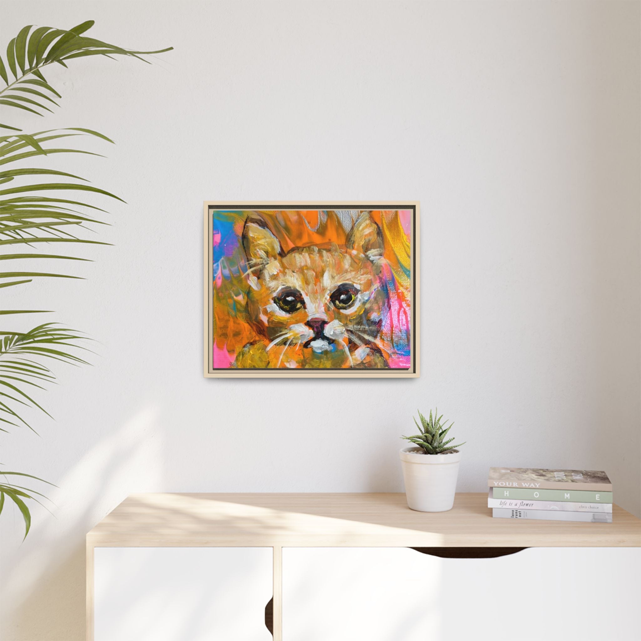 Framed Matte Canvas: Colorful Abstract Ginger Cat Wall Art