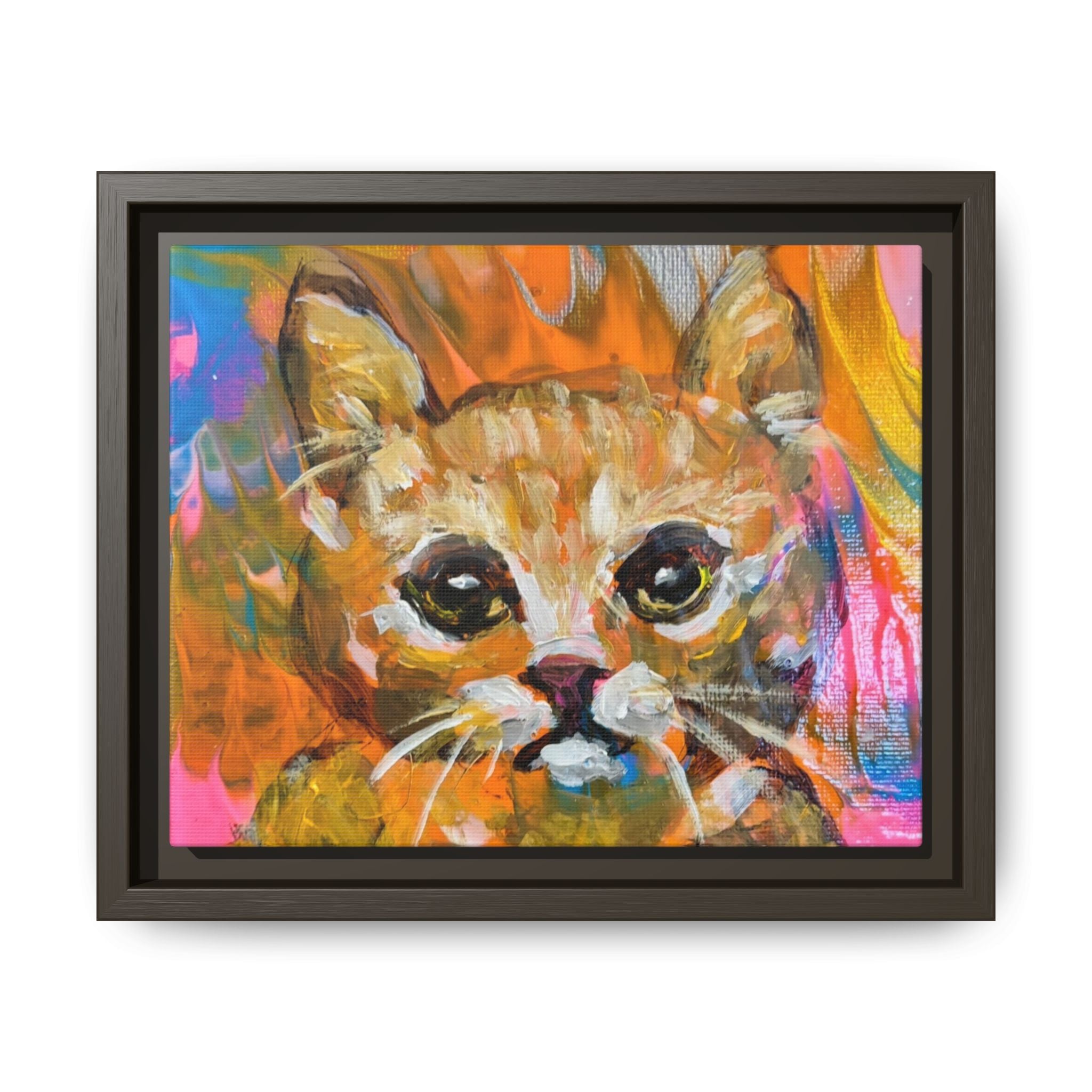 Framed Matte Canvas: Colorful Abstract Ginger Cat Wall Art