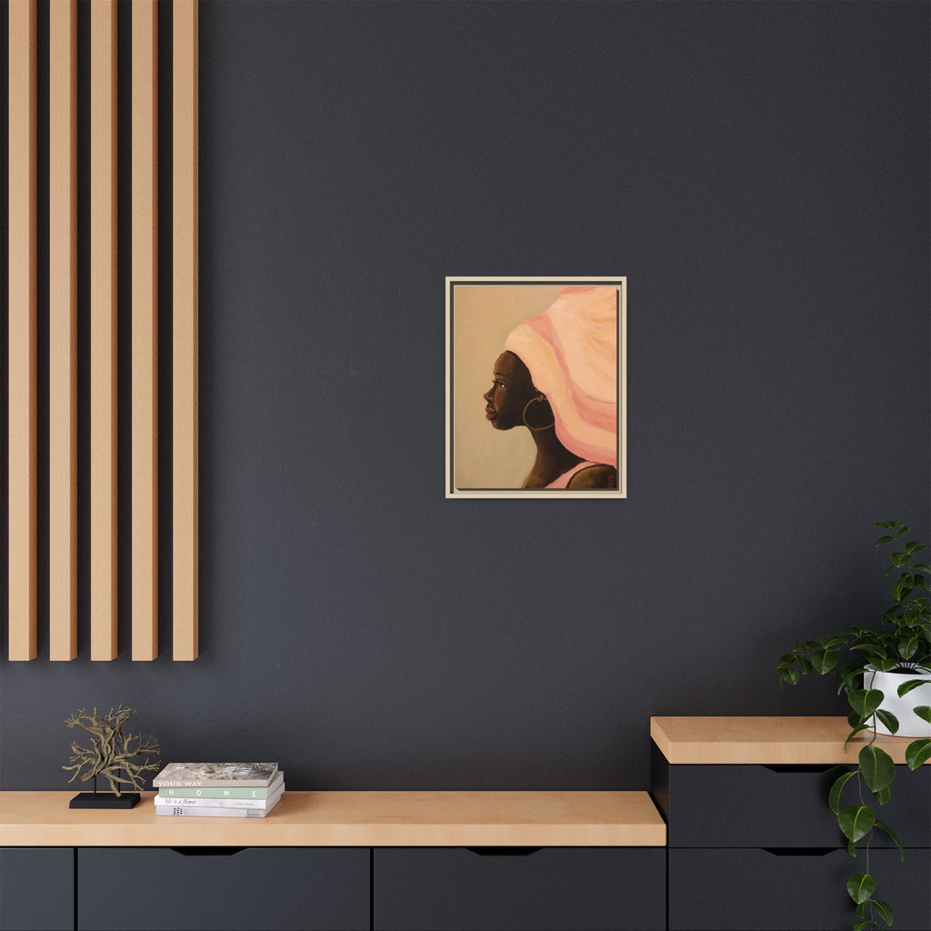 Framed Matte Canvas Art – Elegant African Woman Portrait (Pink Headwrap)