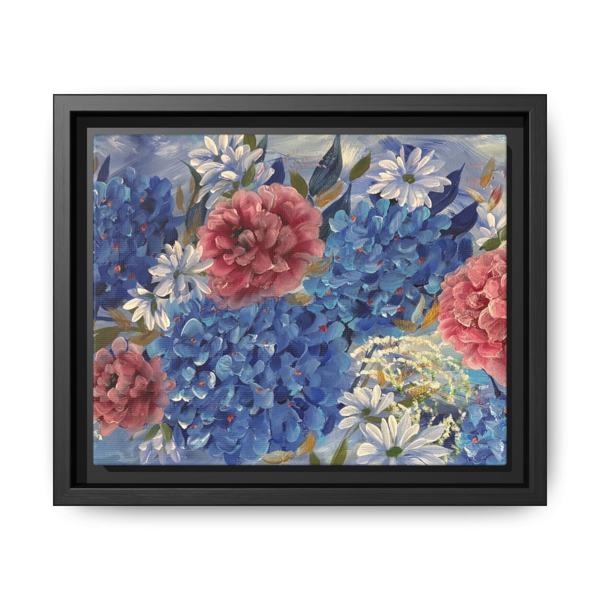 Cool Blue Framed Floral Canvas Print — Blue Hydrangea & Pink Peony Wall Art