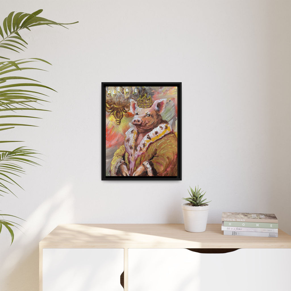 Regal Pig King Framed Canvas Art — Whimsical Farmhouse Wall Decor