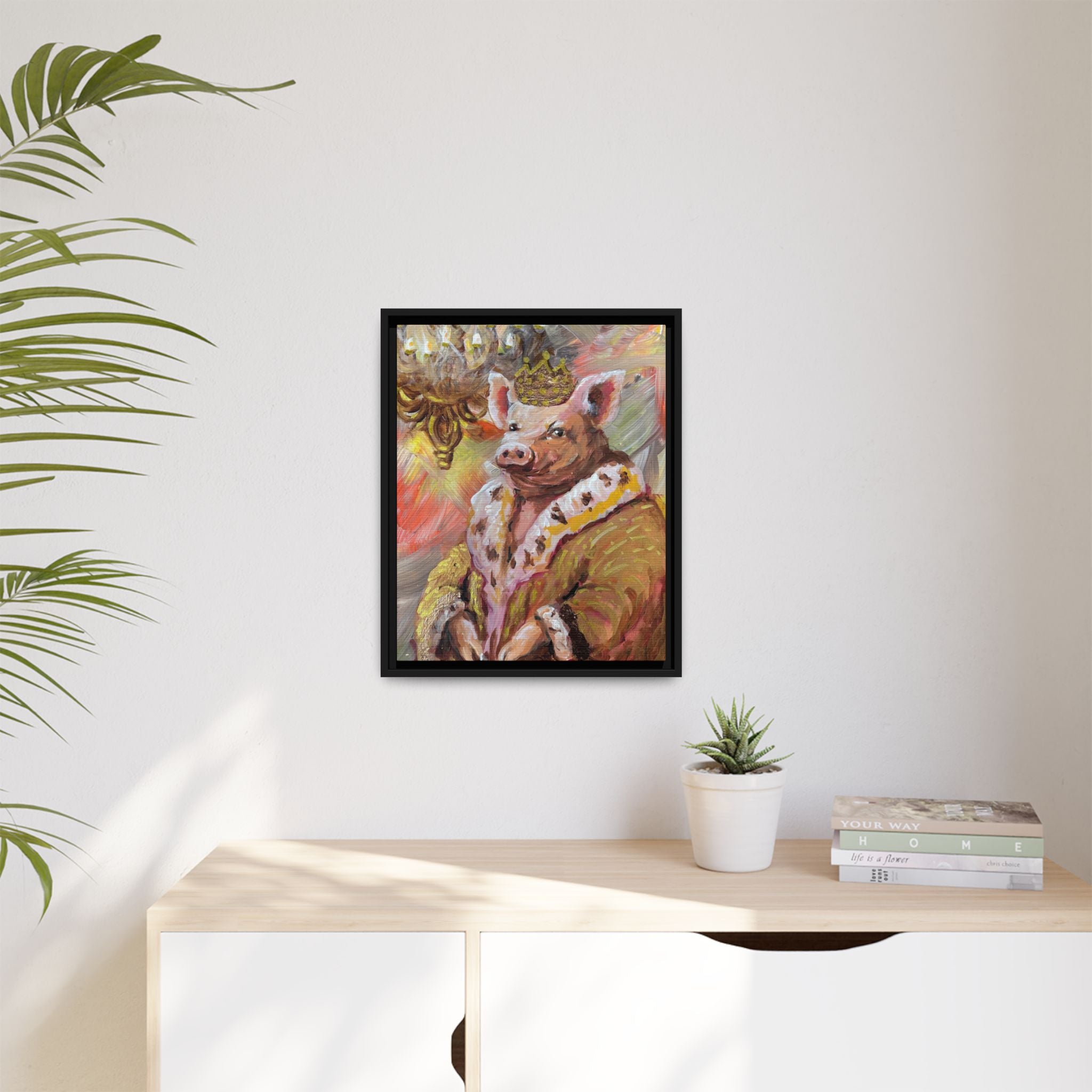 Regal Pig King Framed Canvas Art — Whimsical Farmhouse Wall Decor