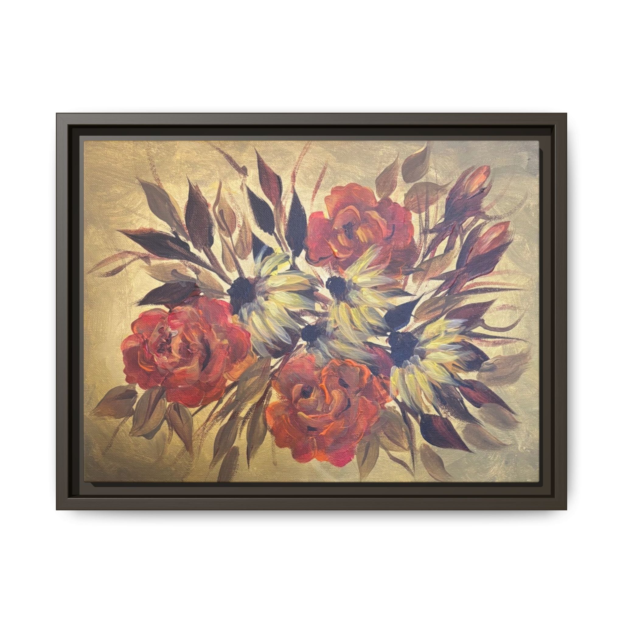 Framed Floral Canvas Wall Art — Vintage Rose Bouquet Matte Print