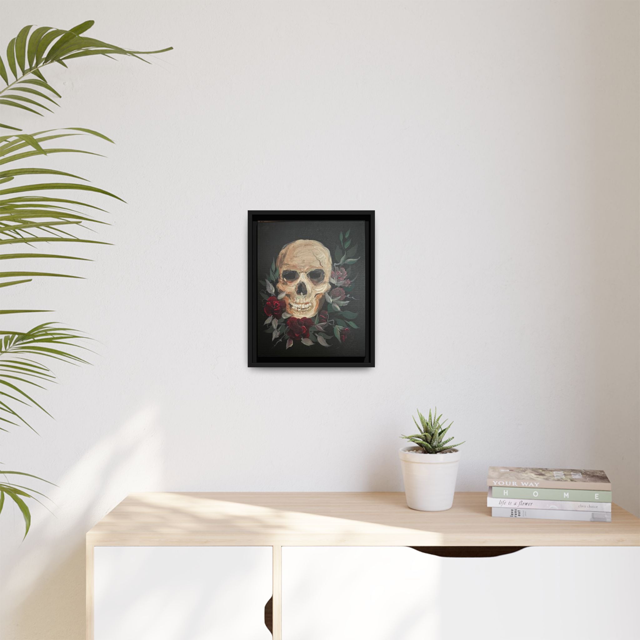 Framed Matte Canvas Skull & Roses Wall Art — Dark Gothic Home Decor