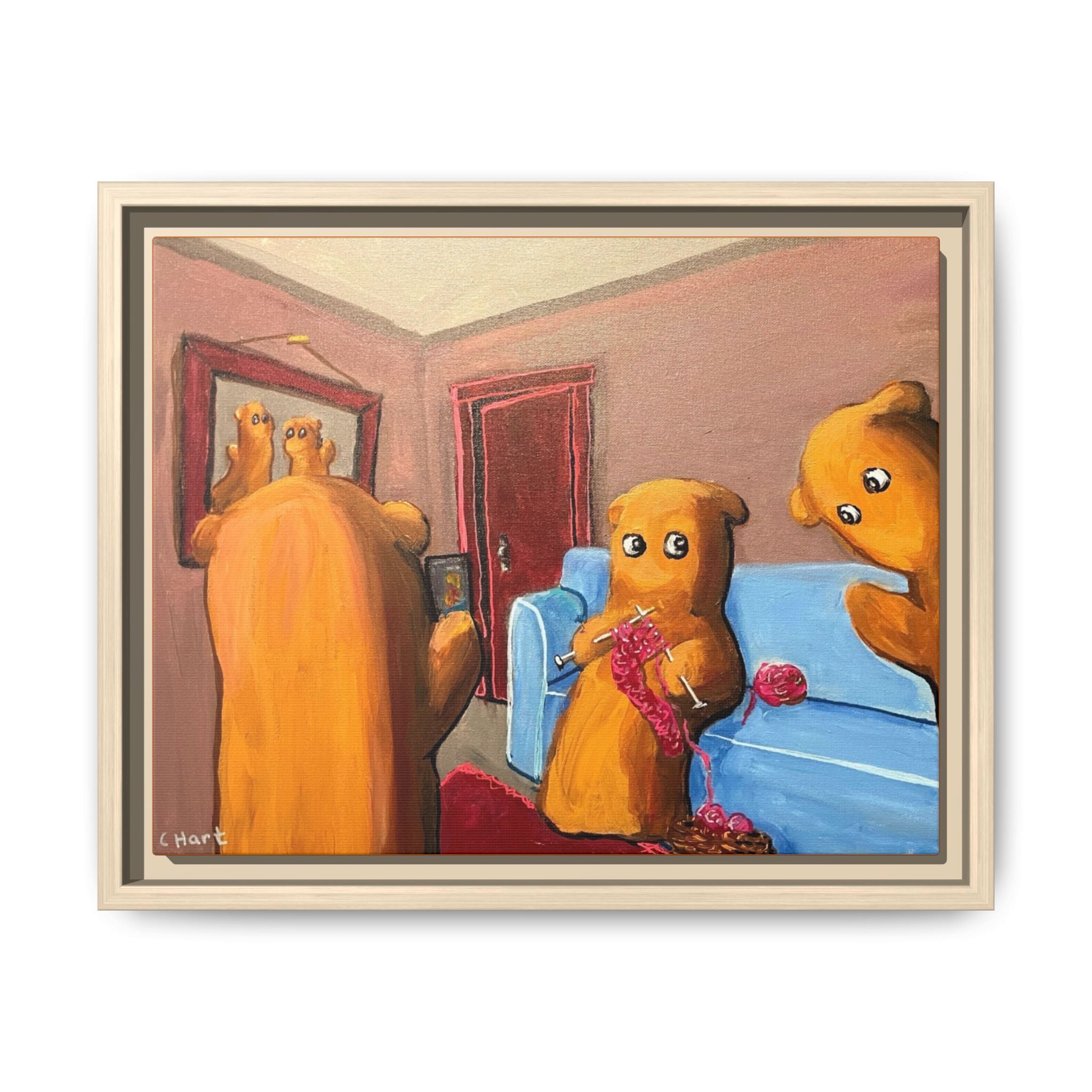 Whimsical Bear Family Framed Canvas Art — Matte Multi-Color Wall Decor