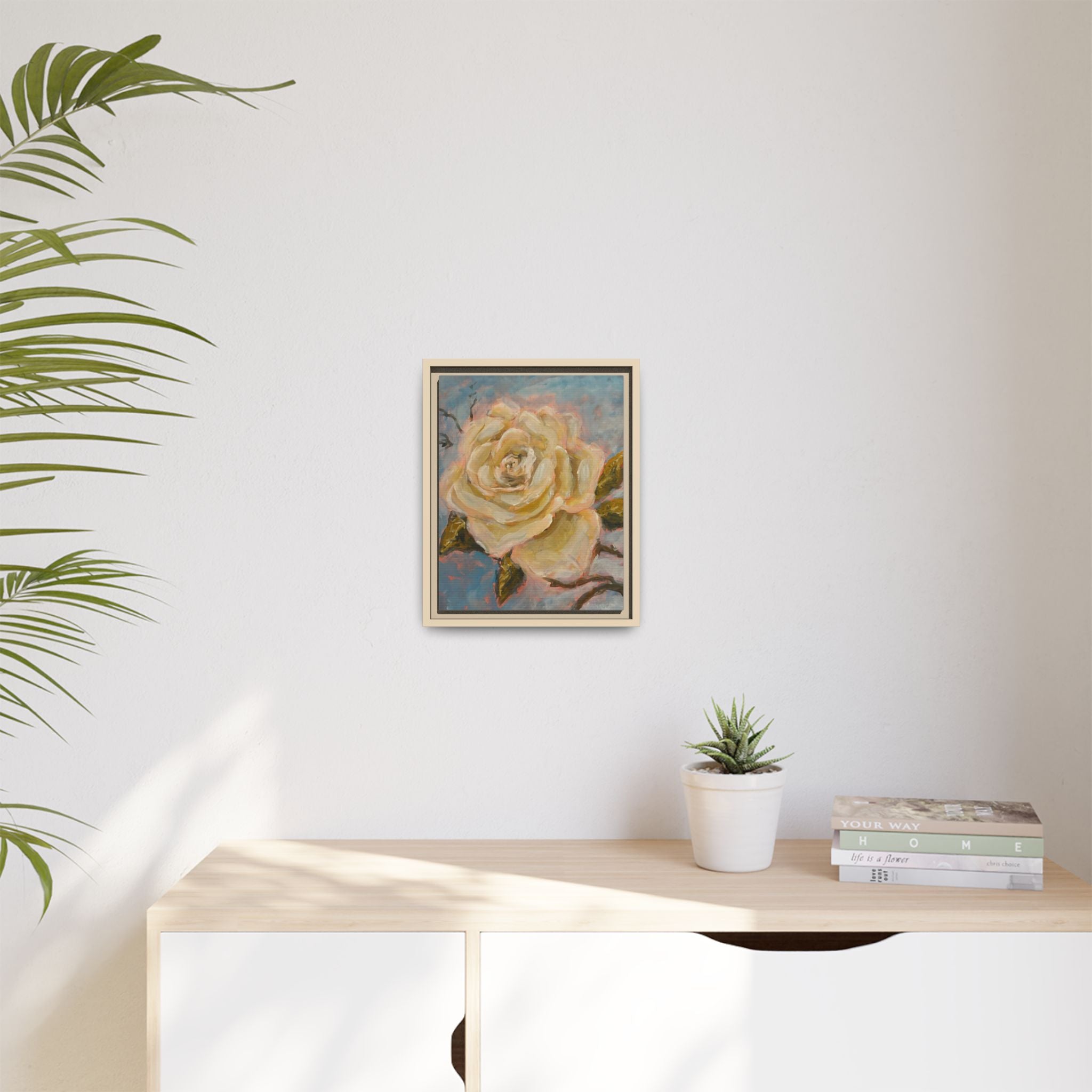 Warm White Rose Framed Matte Canvas - Vintage Rose Floral Wall Art