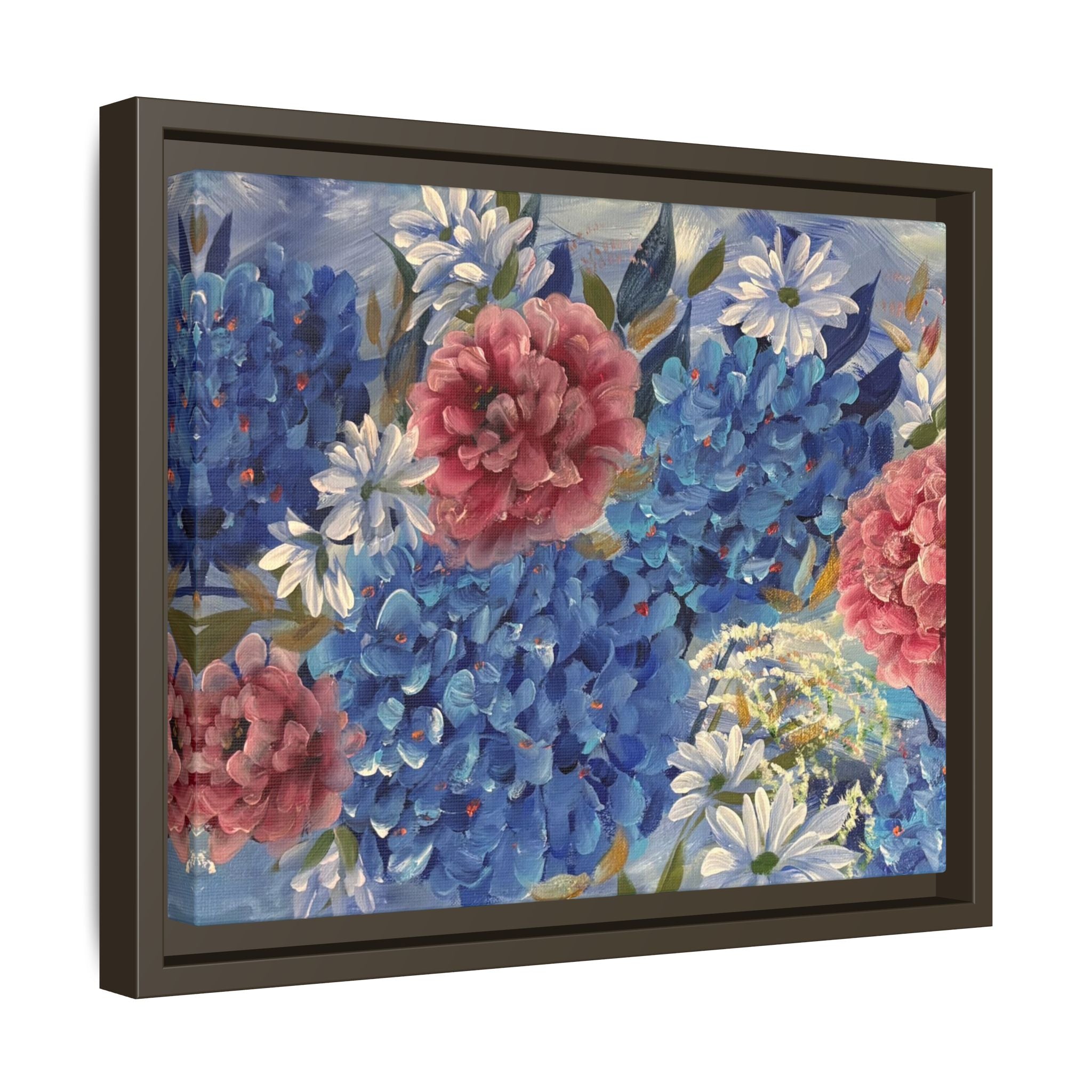 Cool Blue Framed Floral Canvas Print — Blue Hydrangea & Pink Peony Wall Art