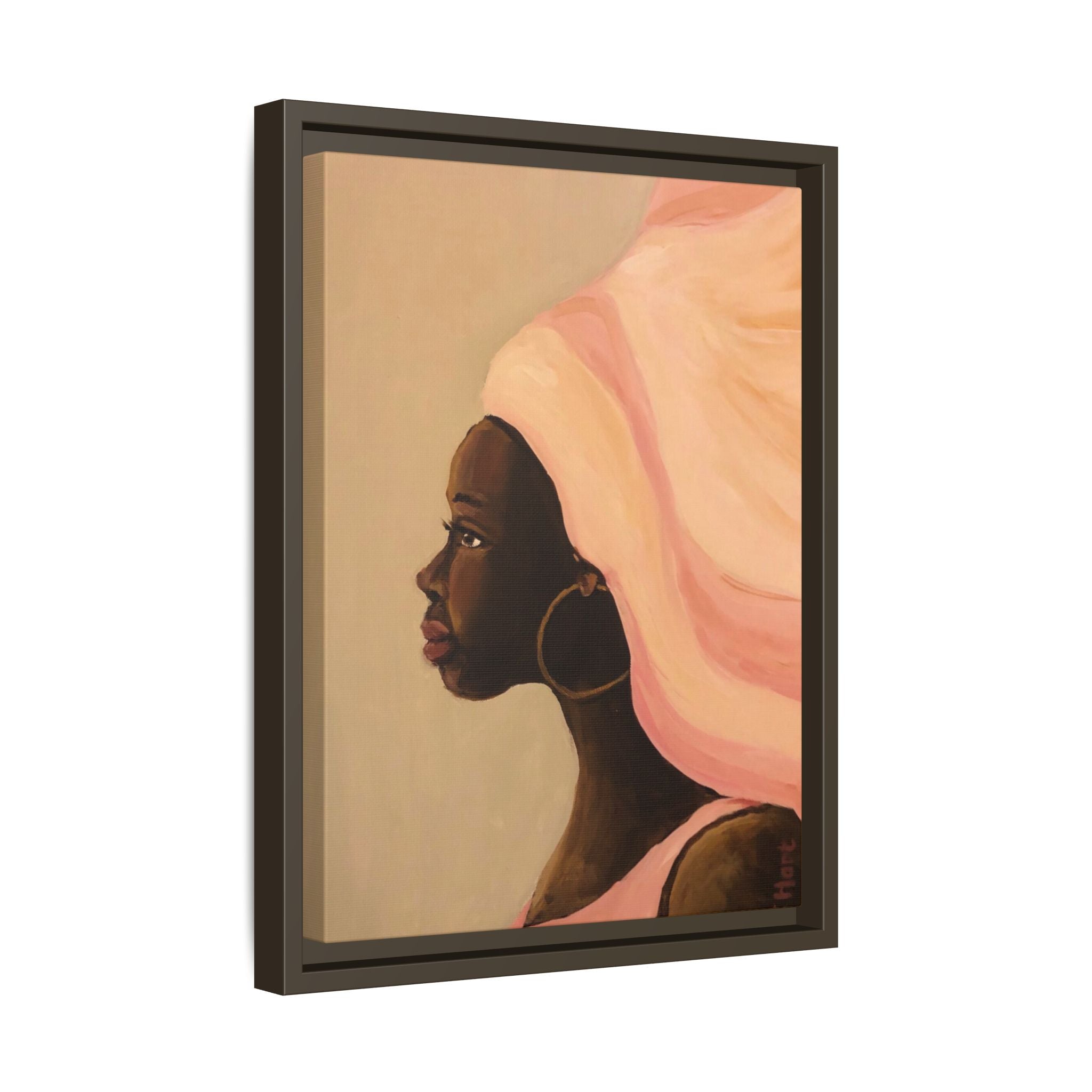 Framed Matte Canvas Art – Elegant African Woman Portrait (Pink Headwrap)