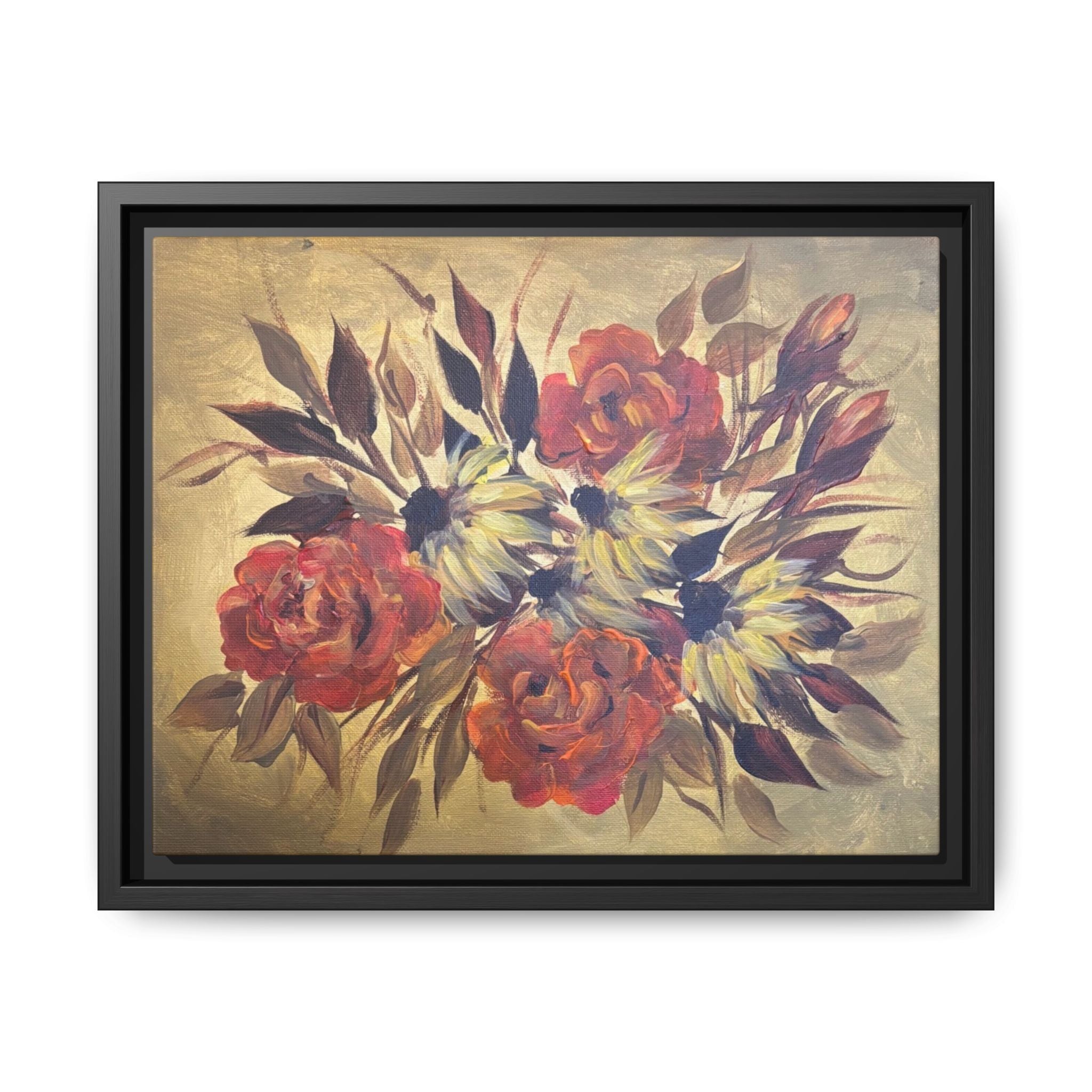 Framed Floral Canvas Wall Art — Vintage Rose Bouquet Matte Print