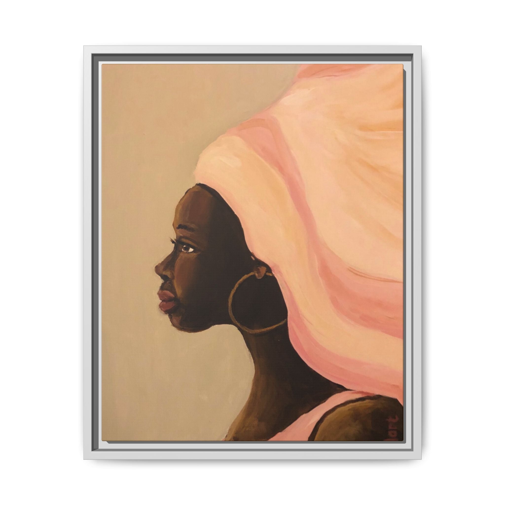 Framed Matte Canvas Art – Elegant African Woman Portrait (Pink Headwrap)