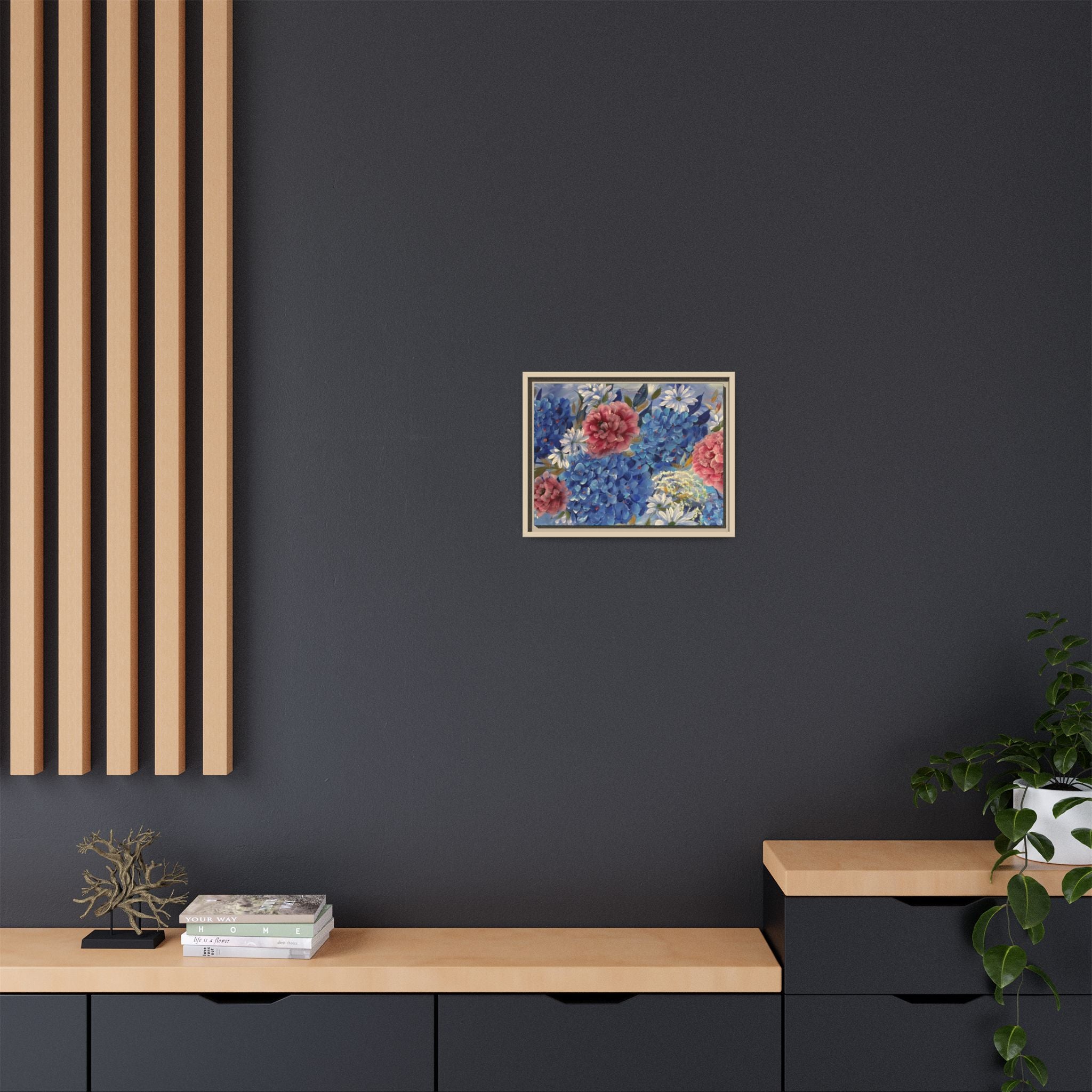 Cool Blue Framed Floral Canvas Print — Blue Hydrangea & Pink Peony Wall Art