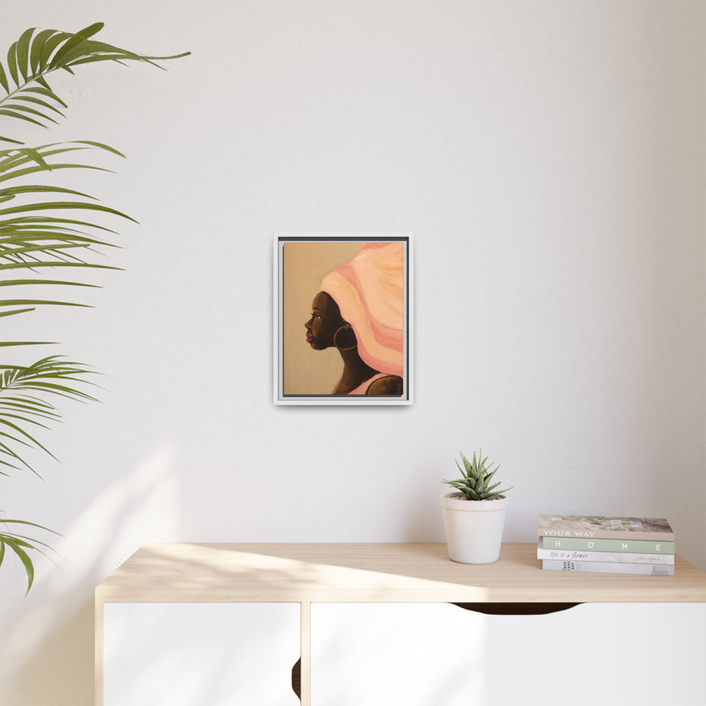 Framed Matte Canvas Art – Elegant African Woman Portrait (Pink Headwrap)