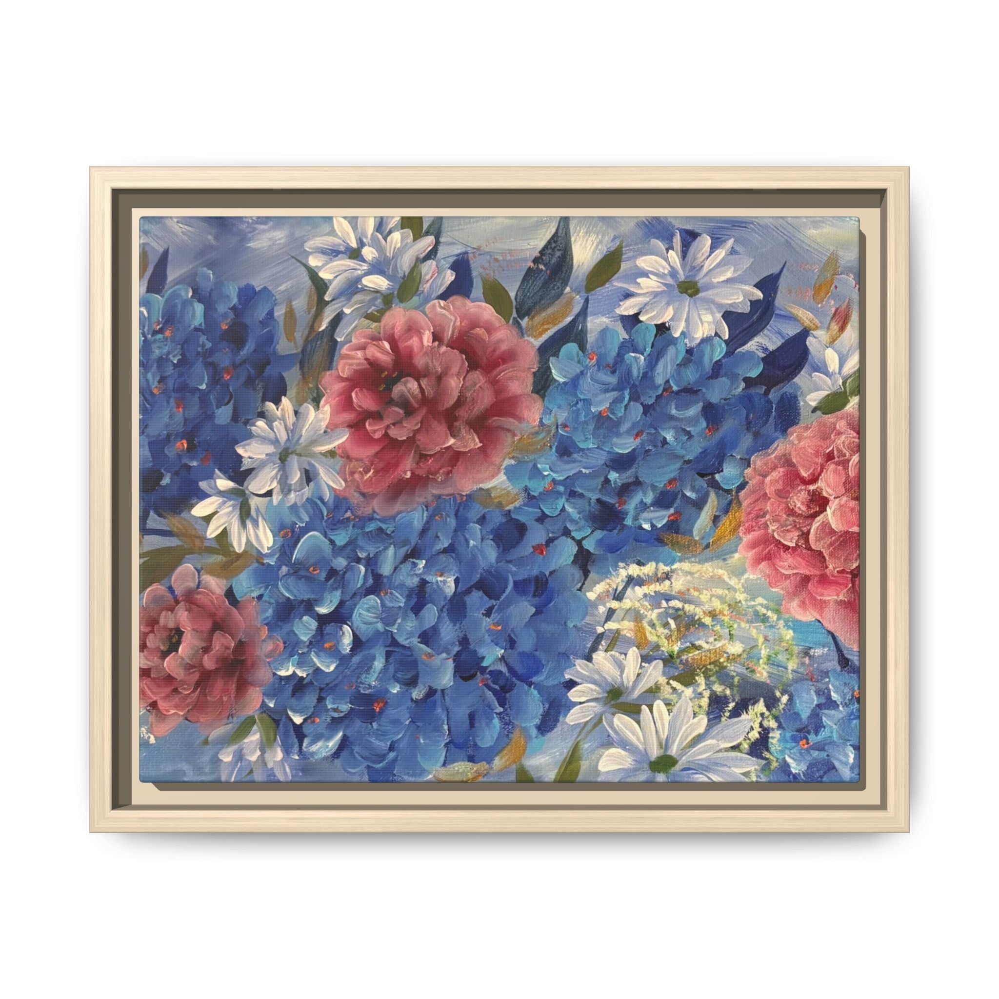Cool Blue Framed Floral Canvas Print — Blue Hydrangea & Pink Peony Wall Art