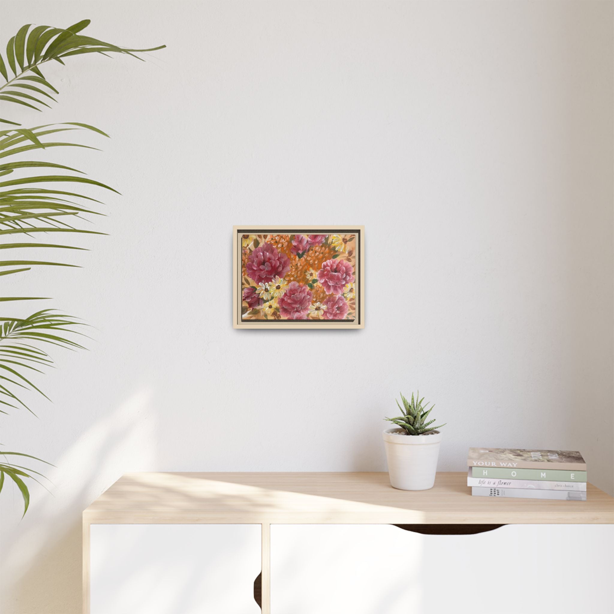 Warm Floral Framed Floral Canvas Print — Pink Peony & Daisies Wall Art