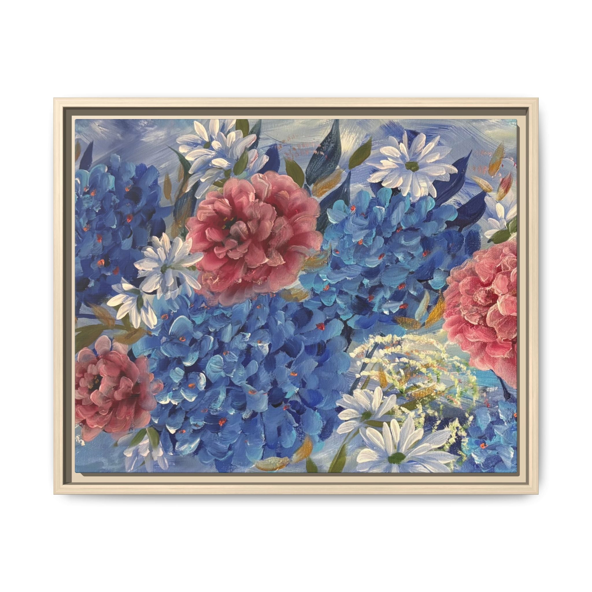 Cool Blue Framed Floral Canvas Print — Blue Hydrangea & Pink Peony Wall Art