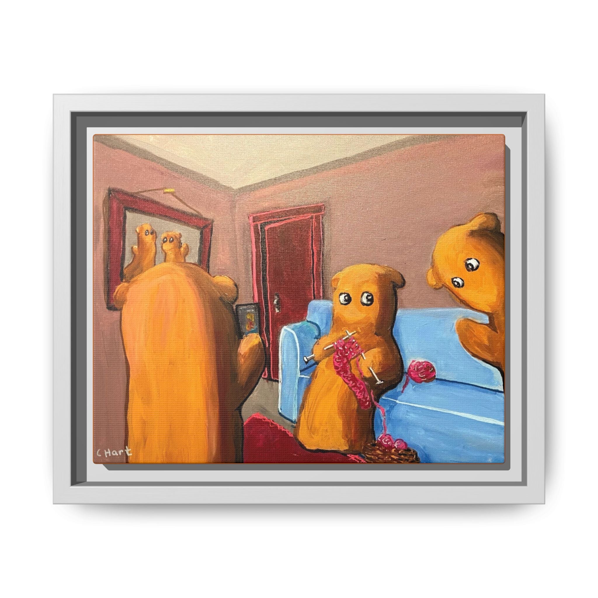 Whimsical Bear Family Framed Canvas Art — Matte Multi-Color Wall Decor