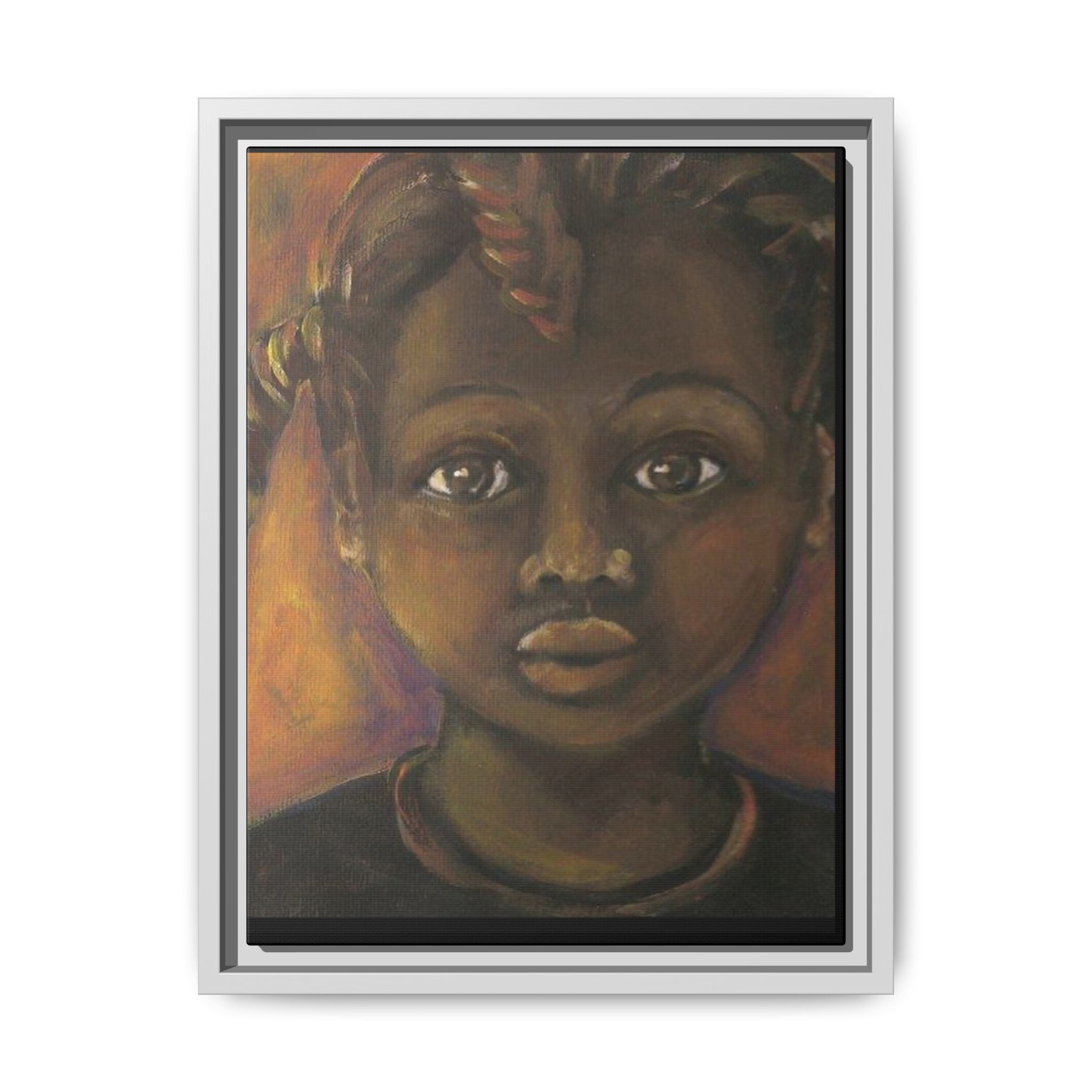 Framed Matte Canvas Portrait – African American Child Wall Art, Warm Earthtone Nursery Décor