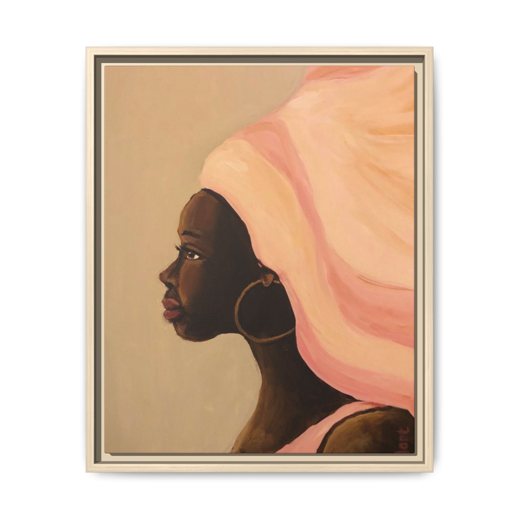 Framed Matte Canvas Art – Elegant African Woman Portrait (Pink Headwrap)