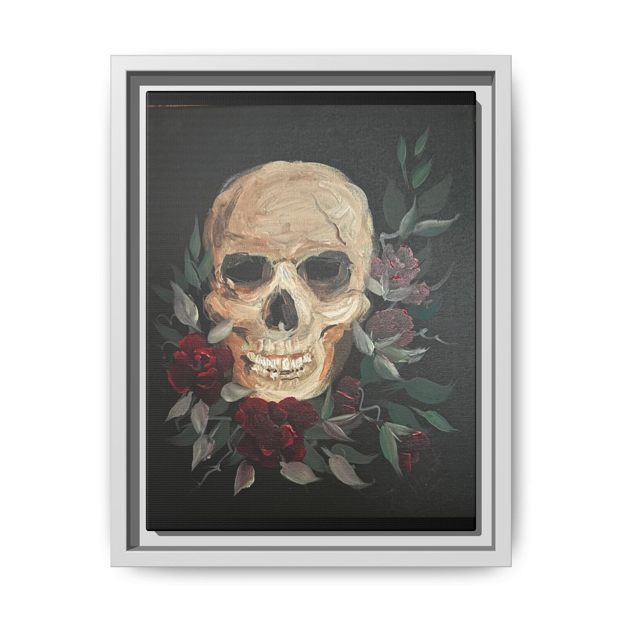 Framed Matte Canvas Skull & Roses Wall Art — Dark Gothic Home Decor
