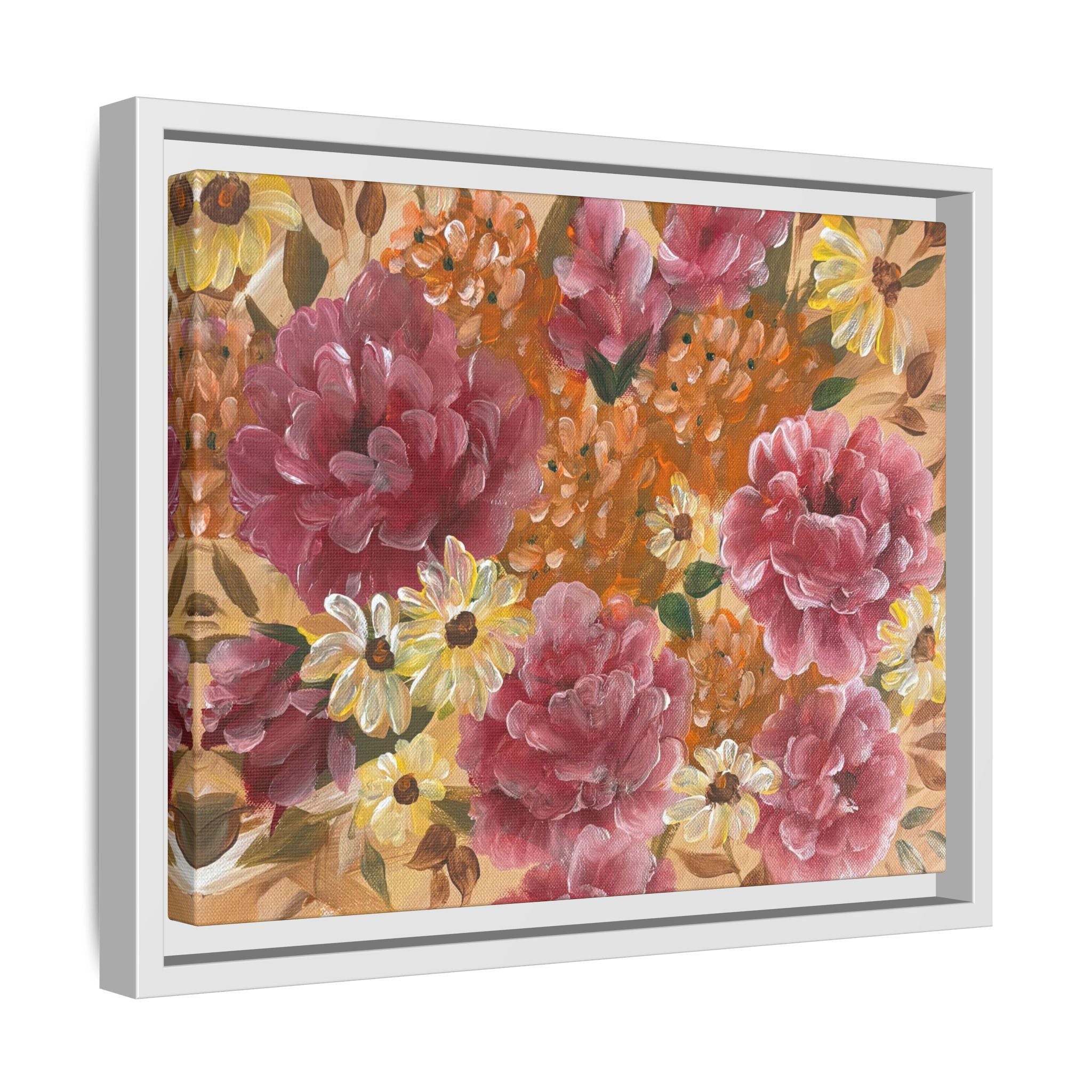 Warm Framed Floral Canvas Print — Vintage Pink Peonies Wall Art
