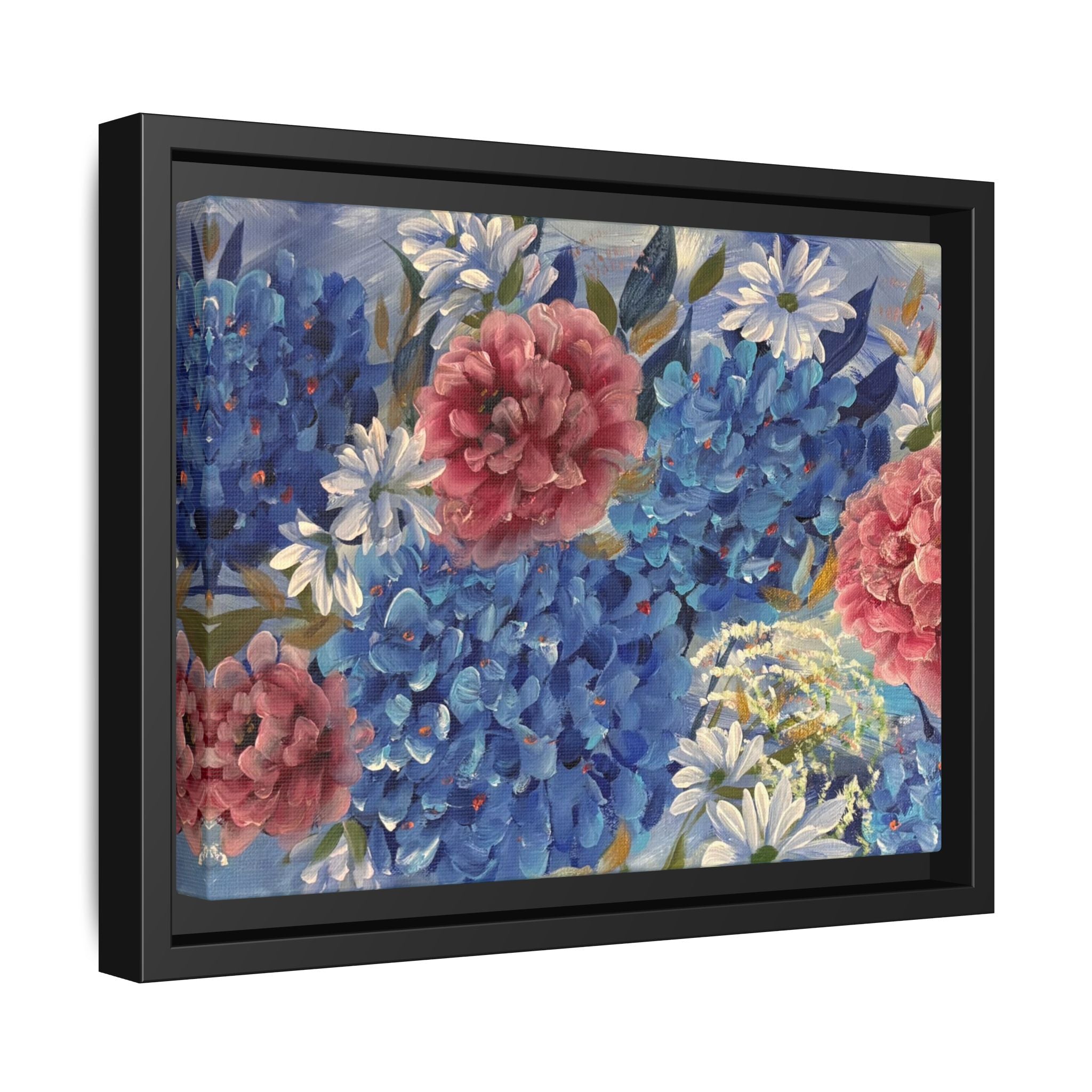Cool Blue Framed Floral Canvas Print — Blue Hydrangea & Pink Peony Wall Art