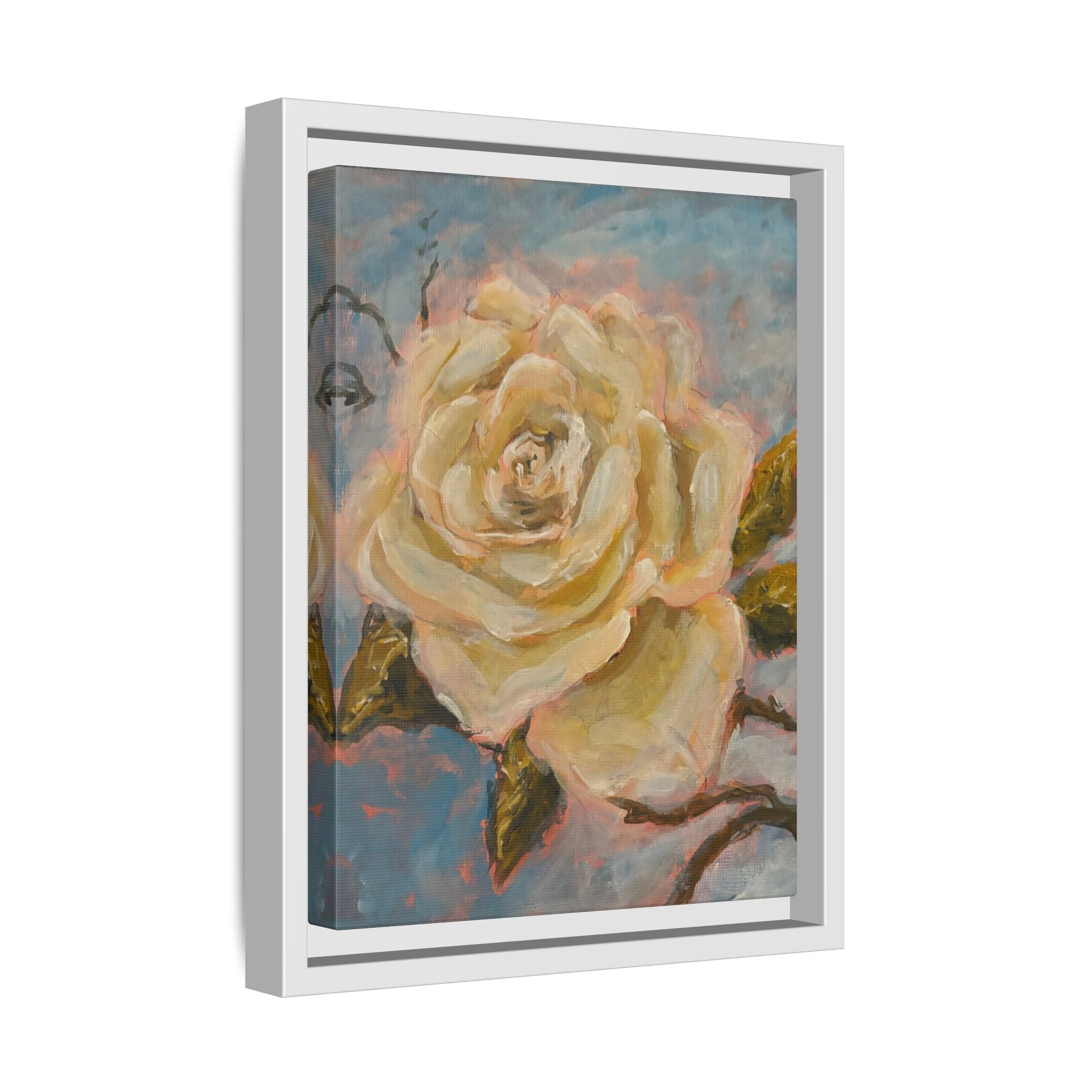 Warm White Rose Framed Matte Canvas - Vintage Rose Floral Wall Art
