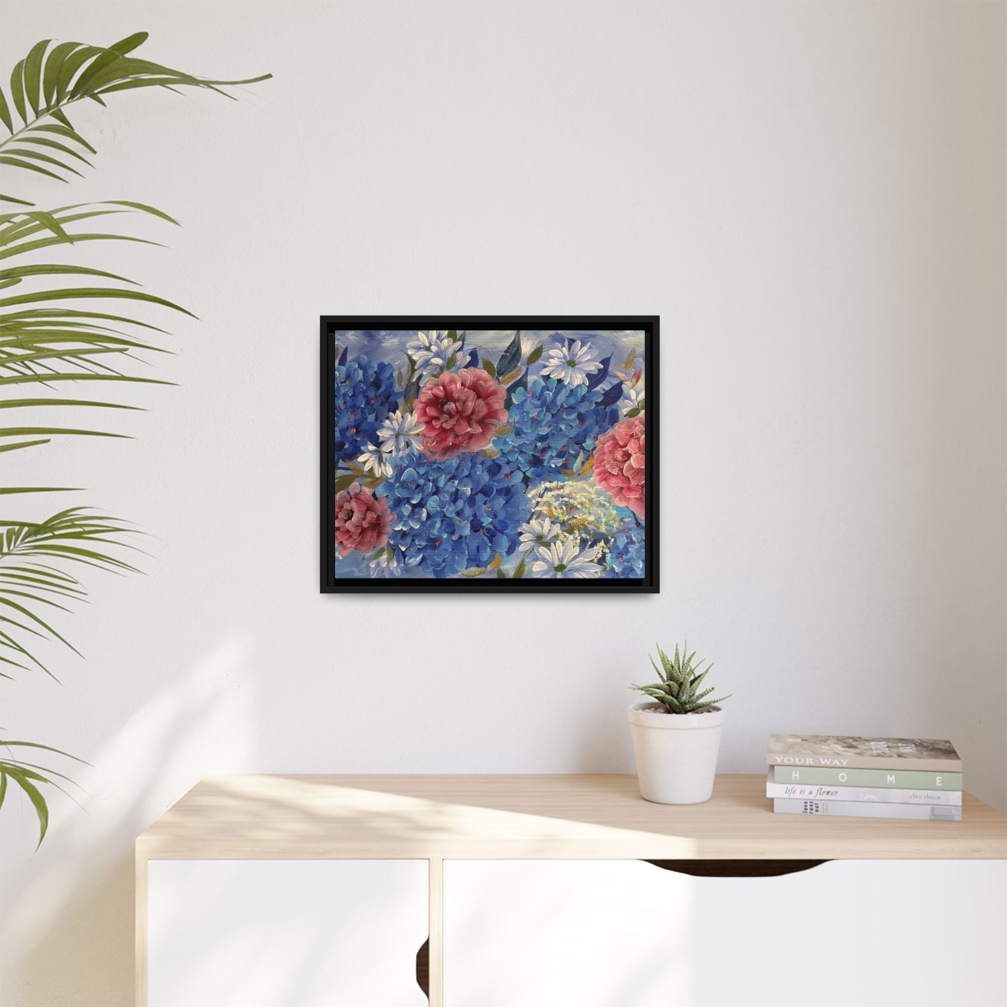 Cool Blue Framed Floral Canvas Print — Blue Hydrangea & Pink Peony Wall Art