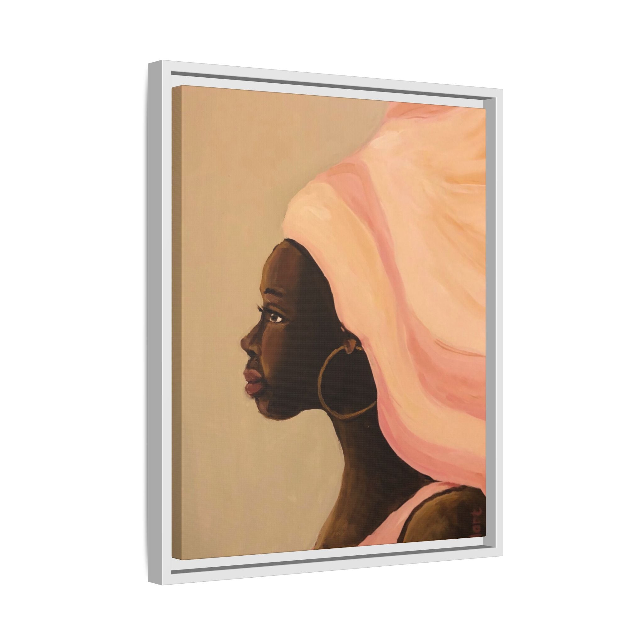 Framed Matte Canvas Art – Elegant African Woman Portrait (Pink Headwrap)