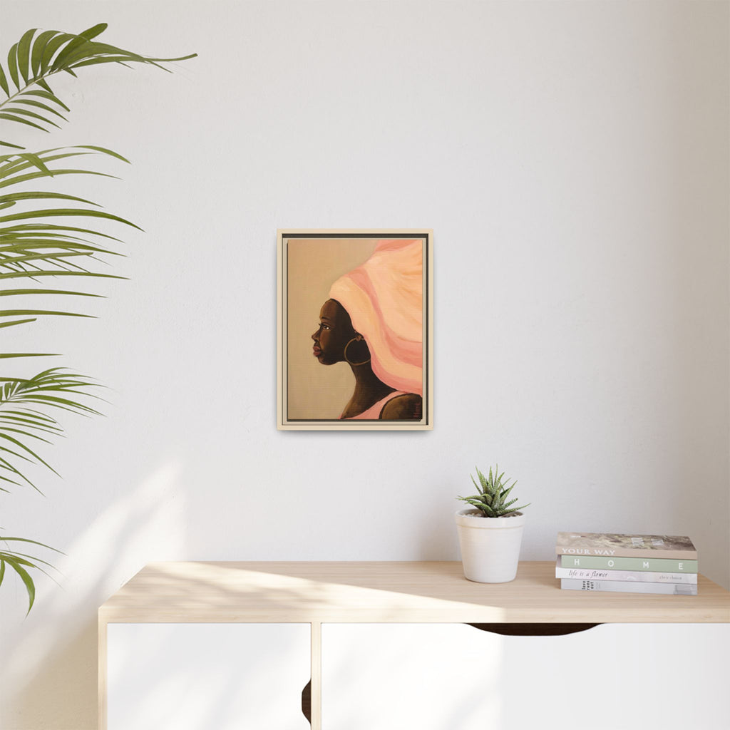 Framed Matte Canvas Art – Elegant African Woman Portrait (Pink Headwrap)