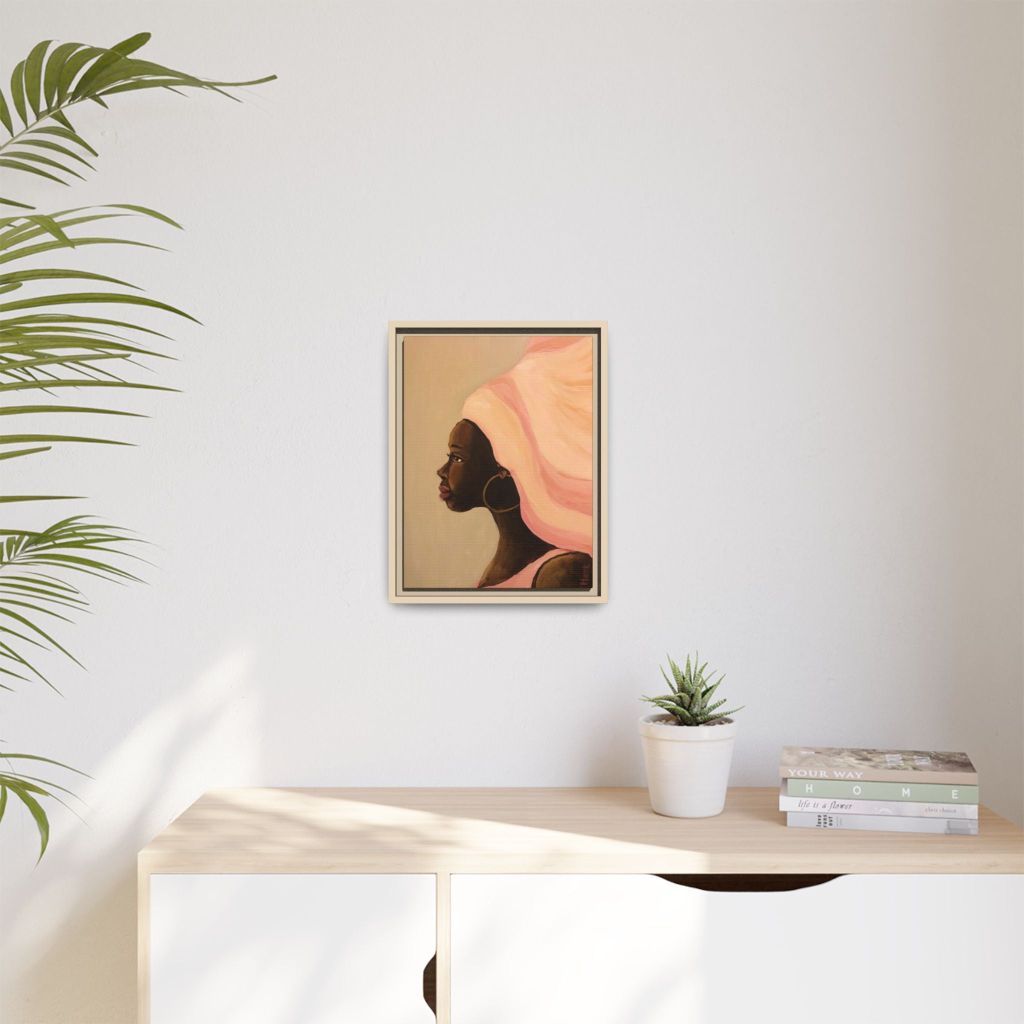 Framed Matte Canvas Art – Elegant African Woman Portrait (Pink Headwrap)