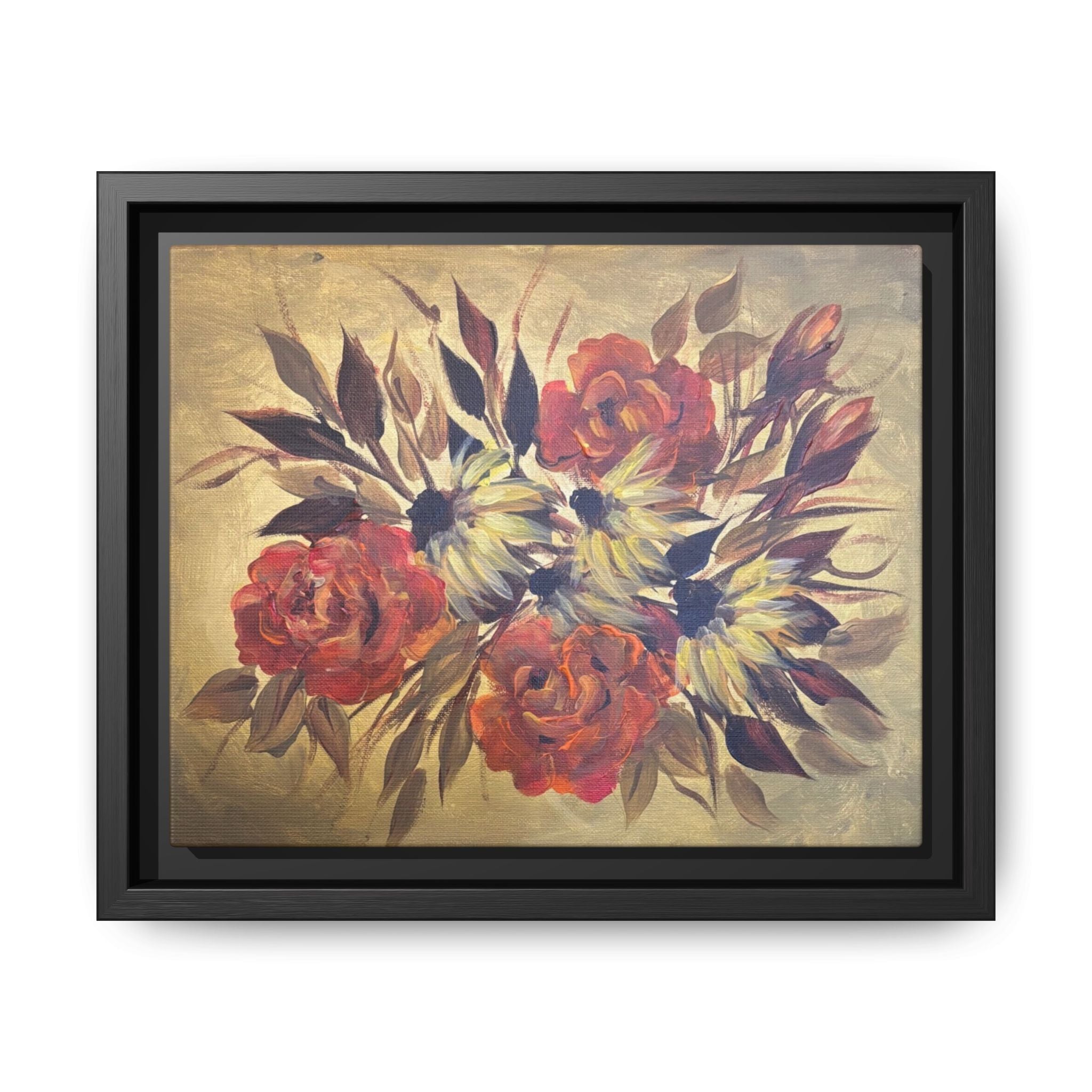 Framed Floral Canvas Wall Art — Vintage Rose Bouquet Matte Print